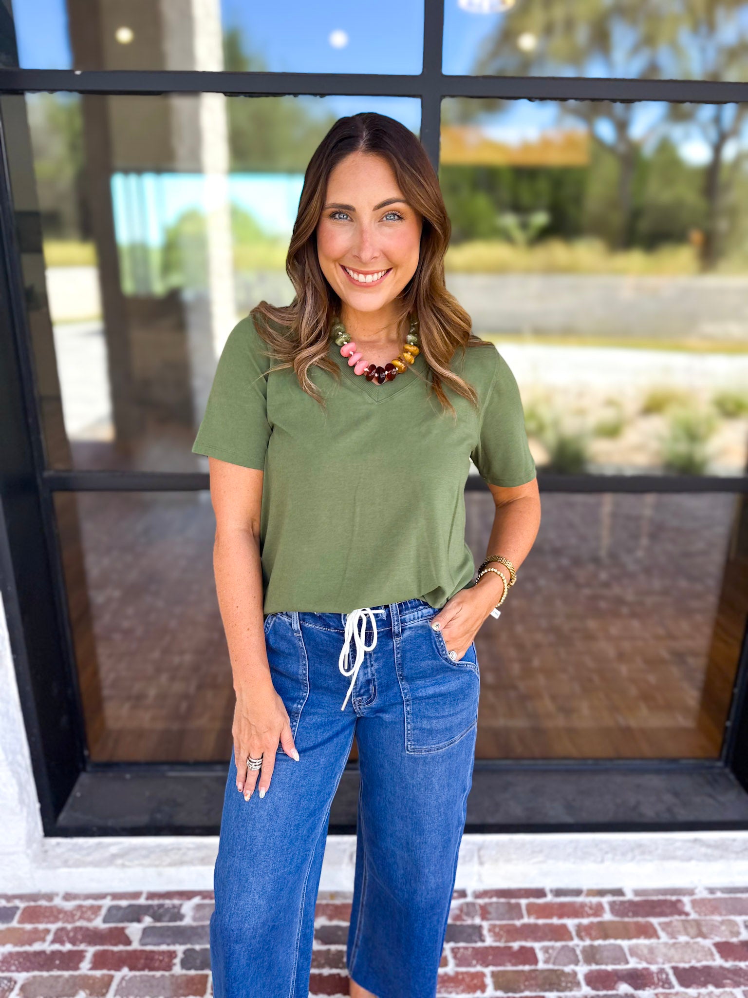 Everyday Essential V-Neck Tee - Sage-210 Casual Blouses-MONO B-July & June Women's Fashion Boutique Located in San Antonio, Texas
