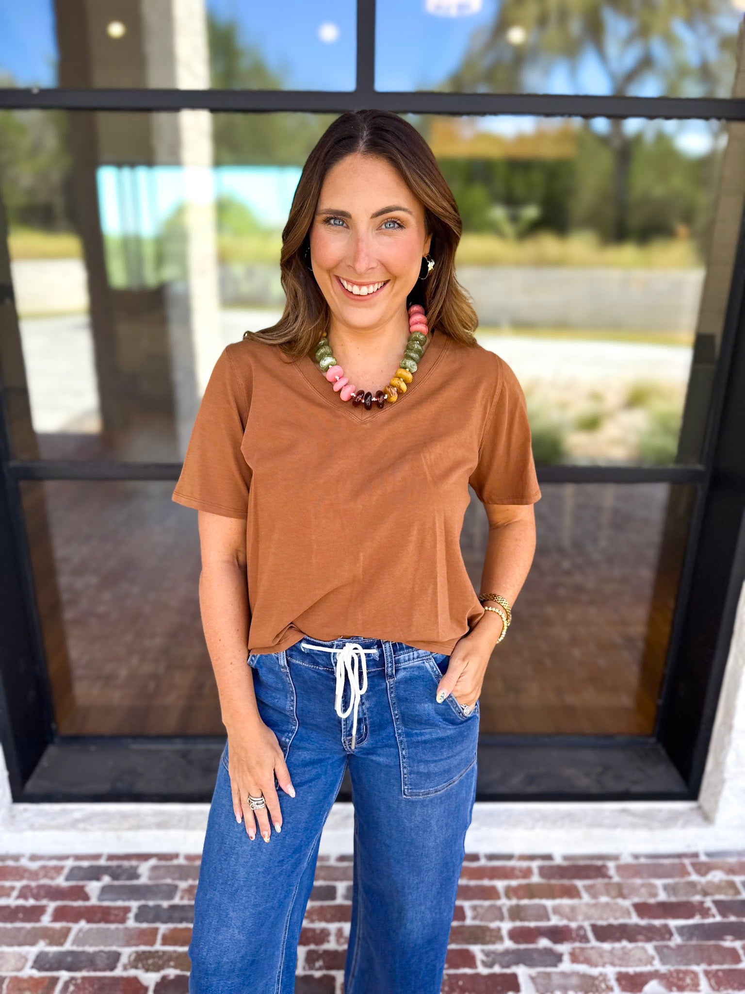 Everyday Essential V-Neck Tee - Honey-210 Casual Blouses-MONO B-July & June Women's Fashion Boutique Located in San Antonio, Texas