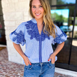THML - Classic Blue Embroidered Blouse-200 Fashion Blouses-THML-July & June Women's Fashion Boutique Located in San Antonio, Texas