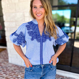 THML - Classic Blue Embroidered Blouse-200 Fashion Blouses-THML-July & June Women's Fashion Boutique Located in San Antonio, Texas