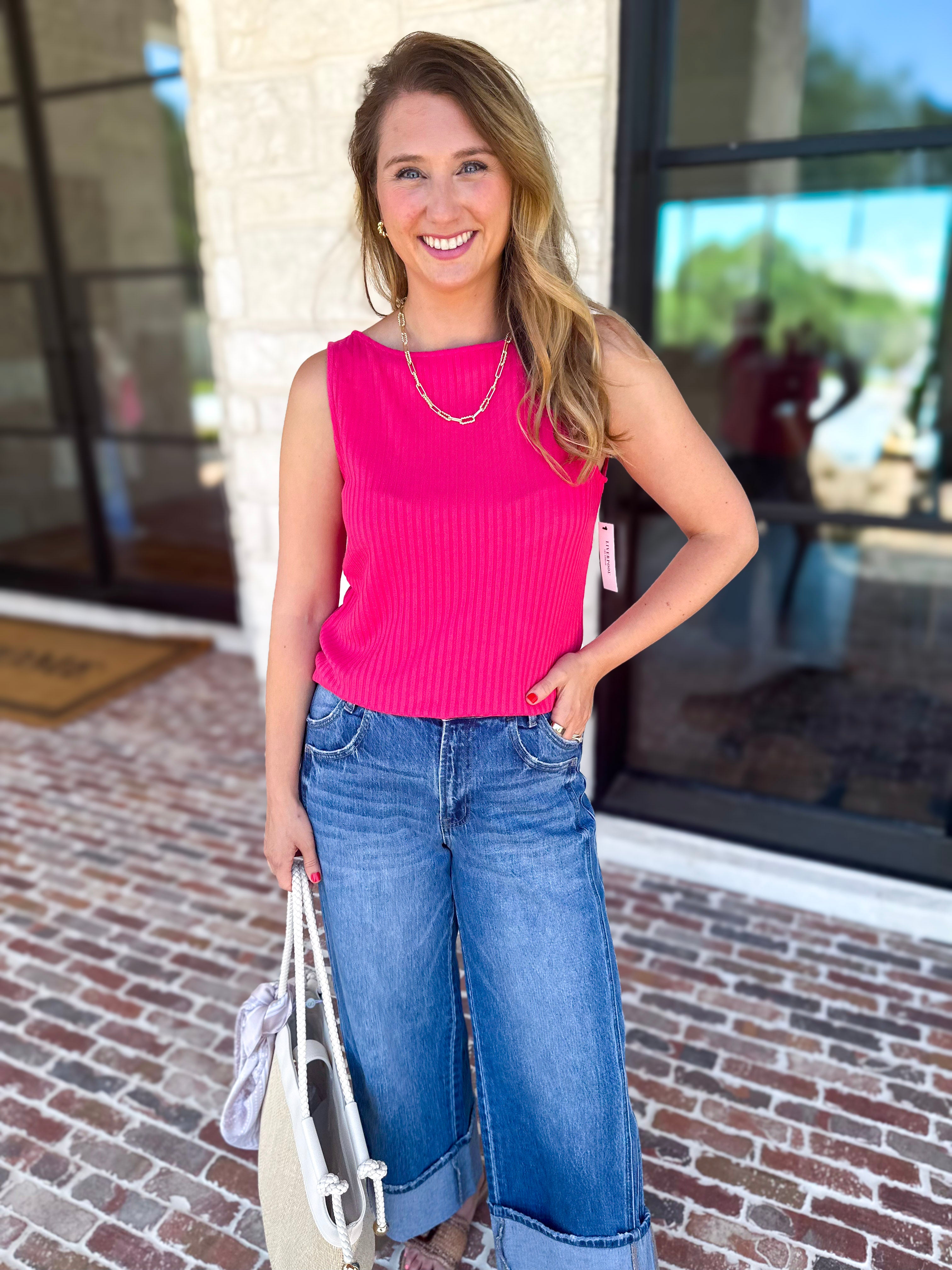 Liverpool - Hot Pink Boatneck Knit Top-200 Fashion Blouses-LIVERPOOL JEANS COMPANY-July & June Women's Fashion Boutique Located in San Antonio, Texas