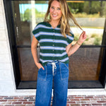 Green & Blue Varsity Short Sleeve Cardigan-230 Sweaters/Cardis-ENTRO-July & June Women's Fashion Boutique Located in San Antonio, Texas