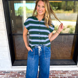 Green & Blue Varsity Short Sleeve Cardigan-230 Sweaters/Cardis-ENTRO-July & June Women's Fashion Boutique Located in San Antonio, Texas