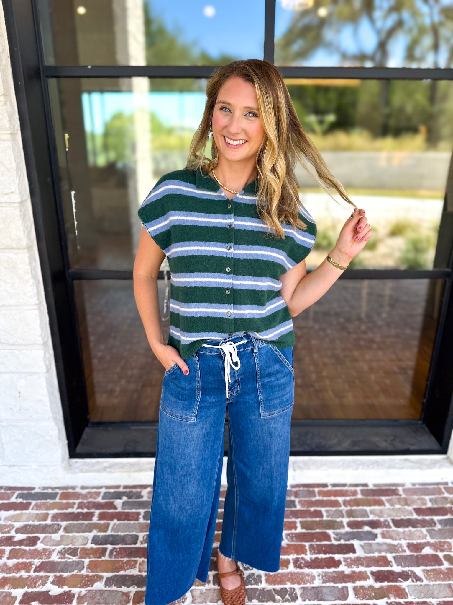 Green & Blue Varsity Short Sleeve Cardigan-230 Sweaters/Cardis-ENTRO-July & June Women's Fashion Boutique Located in San Antonio, Texas