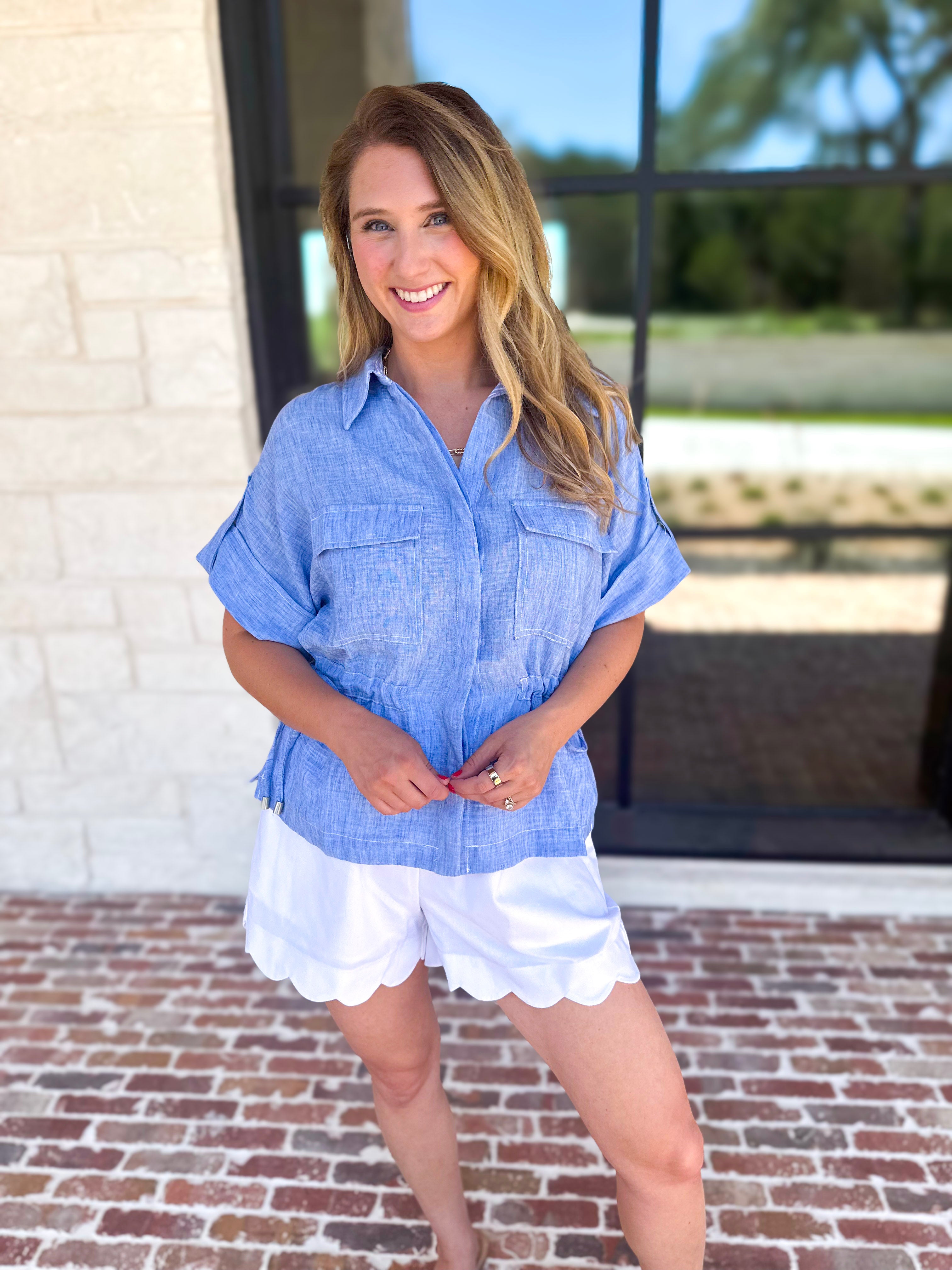 Light Blue Utility Blouse-200 Fashion Blouses-SKIES ARE BLUE-July & June Women's Fashion Boutique Located in San Antonio, Texas