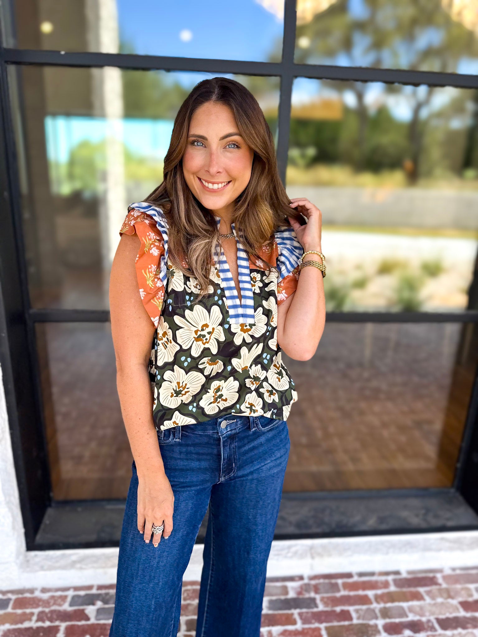 THML - Harvest Florals Ruffle Sleeve Blouse-200 Fashion Blouses-THML-July & June Women's Fashion Boutique Located in San Antonio, Texas