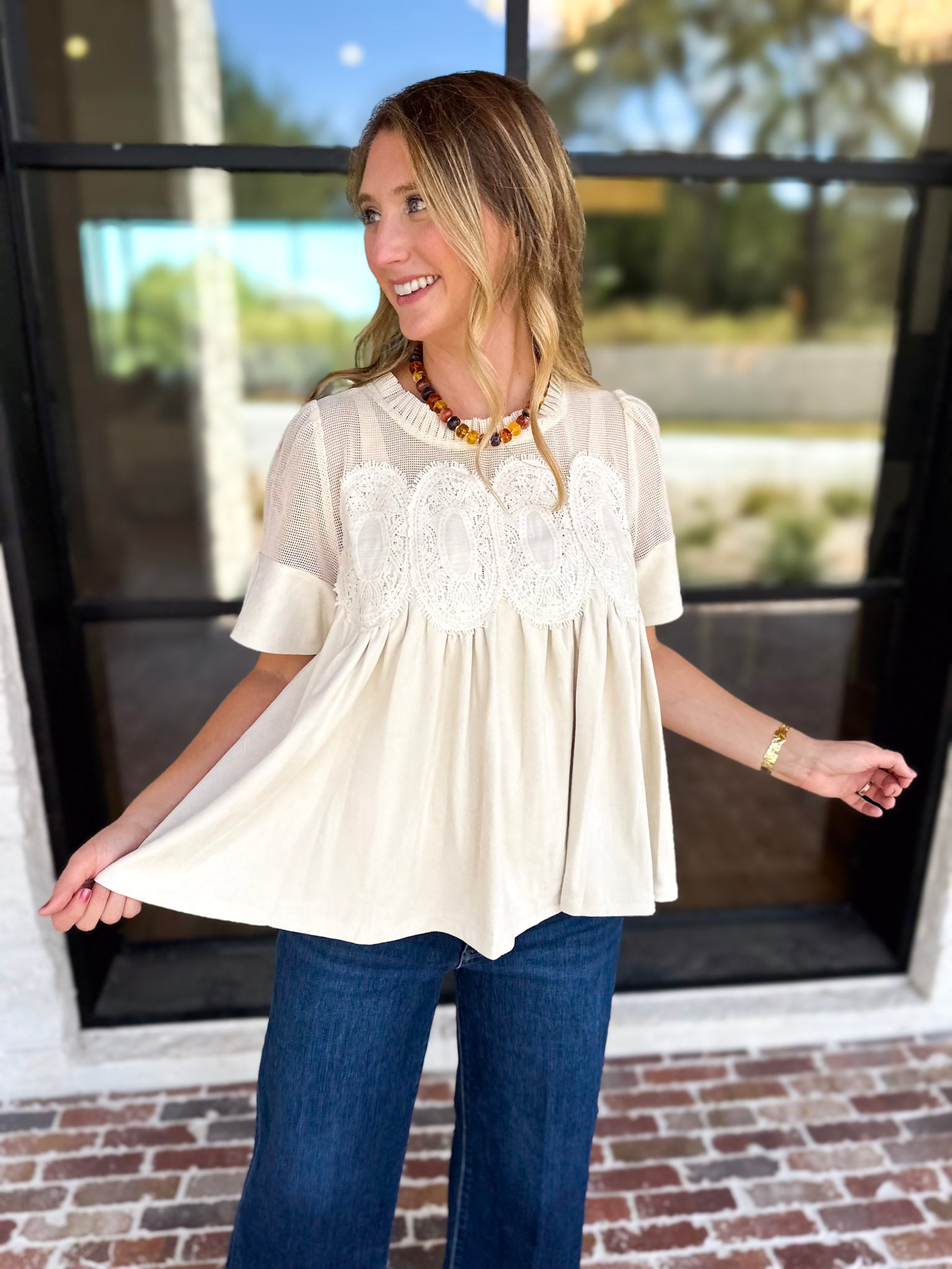 Lace Details Suede Blouse-200 Fashion Blouses-FATE-July & June Women's Fashion Boutique Located in San Antonio, Texas