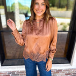 Current Air - Feminine Lace Details Blouse - Mocha-200 Fashion Blouses-CURRENT AIR CLOTHING-July & June Women's Fashion Boutique Located in San Antonio, Texas