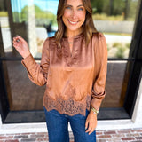 Current Air - Feminine Lace Details Blouse - Mocha-200 Fashion Blouses-CURRENT AIR CLOTHING-July & June Women's Fashion Boutique Located in San Antonio, Texas
