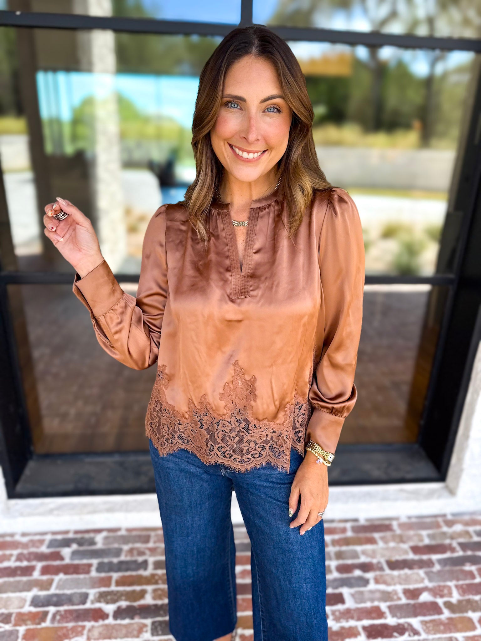 Current Air - Feminine Lace Details Blouse - Mocha-200 Fashion Blouses-CURRENT AIR CLOTHING-July & June Women's Fashion Boutique Located in San Antonio, Texas
