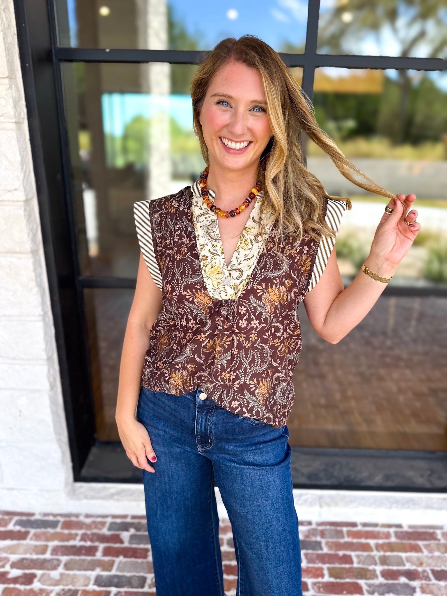 THML - Fall Hues Mixed Print Blouse-200 Fashion Blouses-THML-July & June Women's Fashion Boutique Located in San Antonio, Texas
