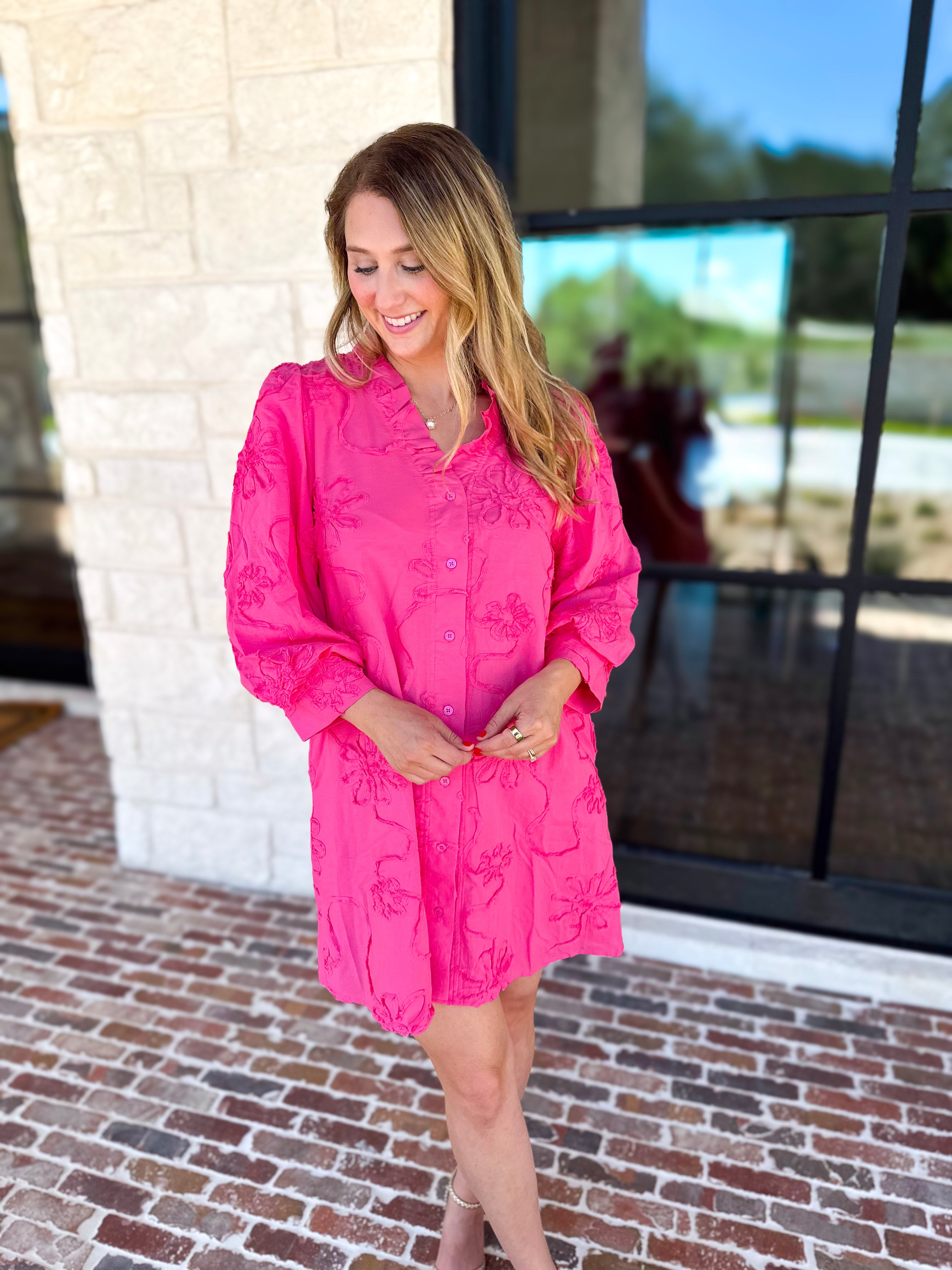 Hot Pink Floral Details Mini Dress-510 Mini-JODIFL-July & June Women's Fashion Boutique Located in San Antonio, Texas