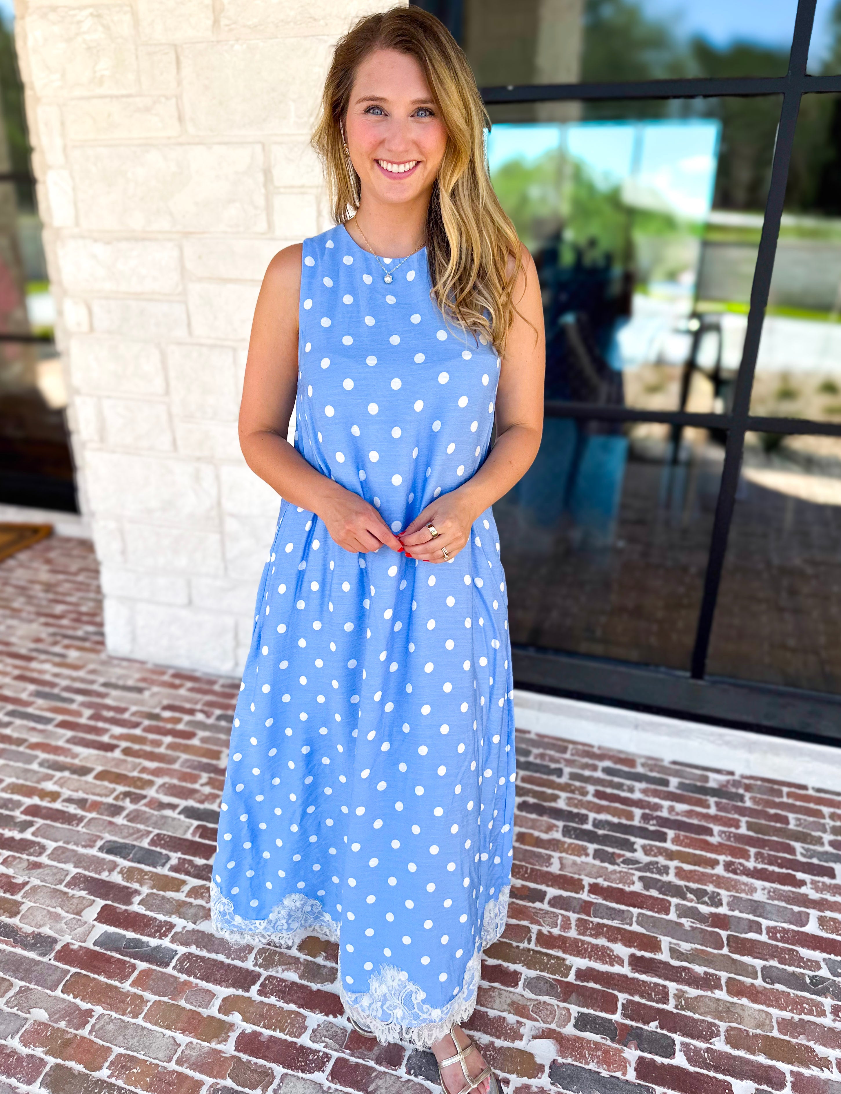 Effortless Polka Dot Midi Dress - Blue-500 Midi-ENTRO-July & June Women's Fashion Boutique Located in San Antonio, Texas