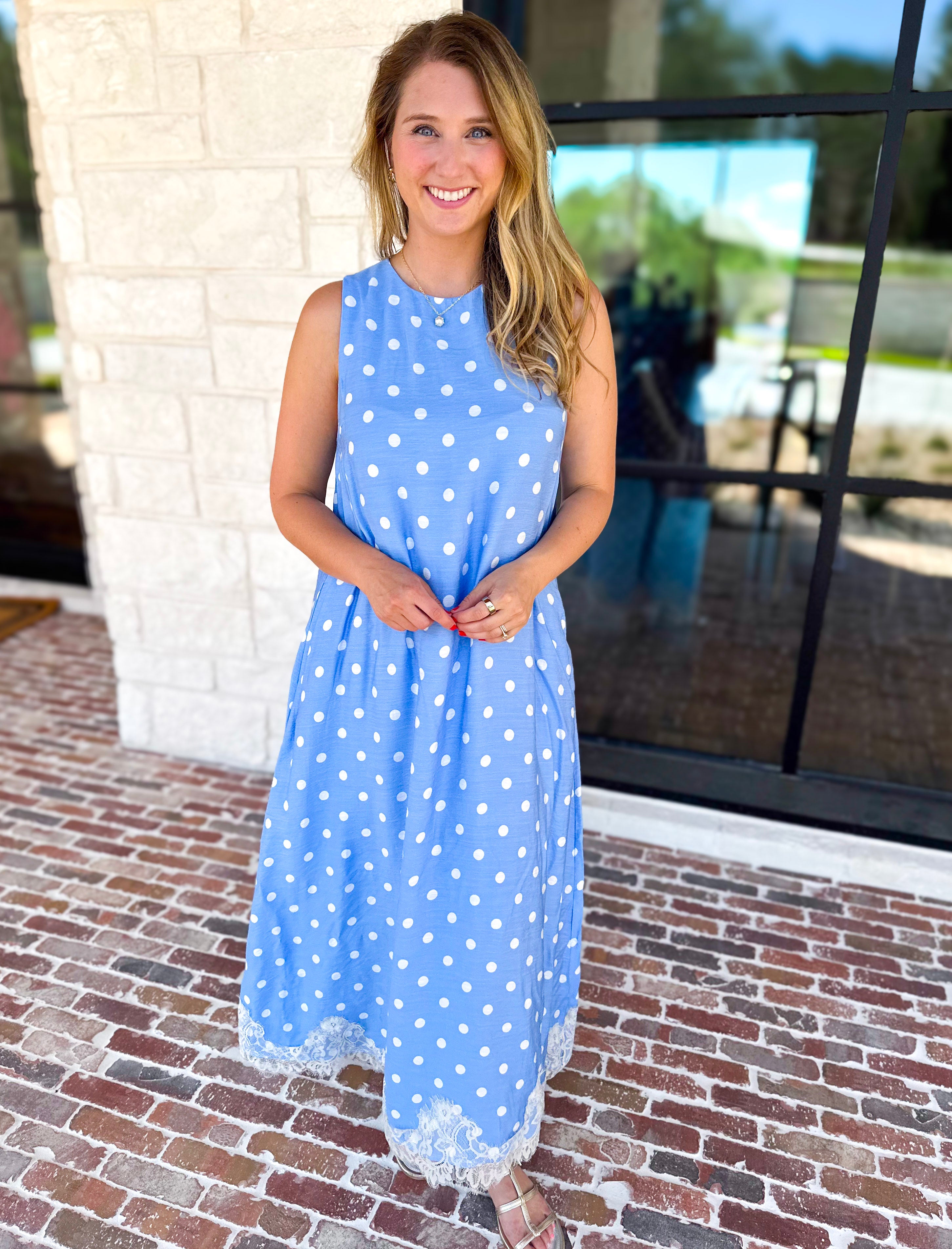 Effortless Polka Dot Midi Dress - Blue-500 Midi-ENTRO-July & June Women's Fashion Boutique Located in San Antonio, Texas