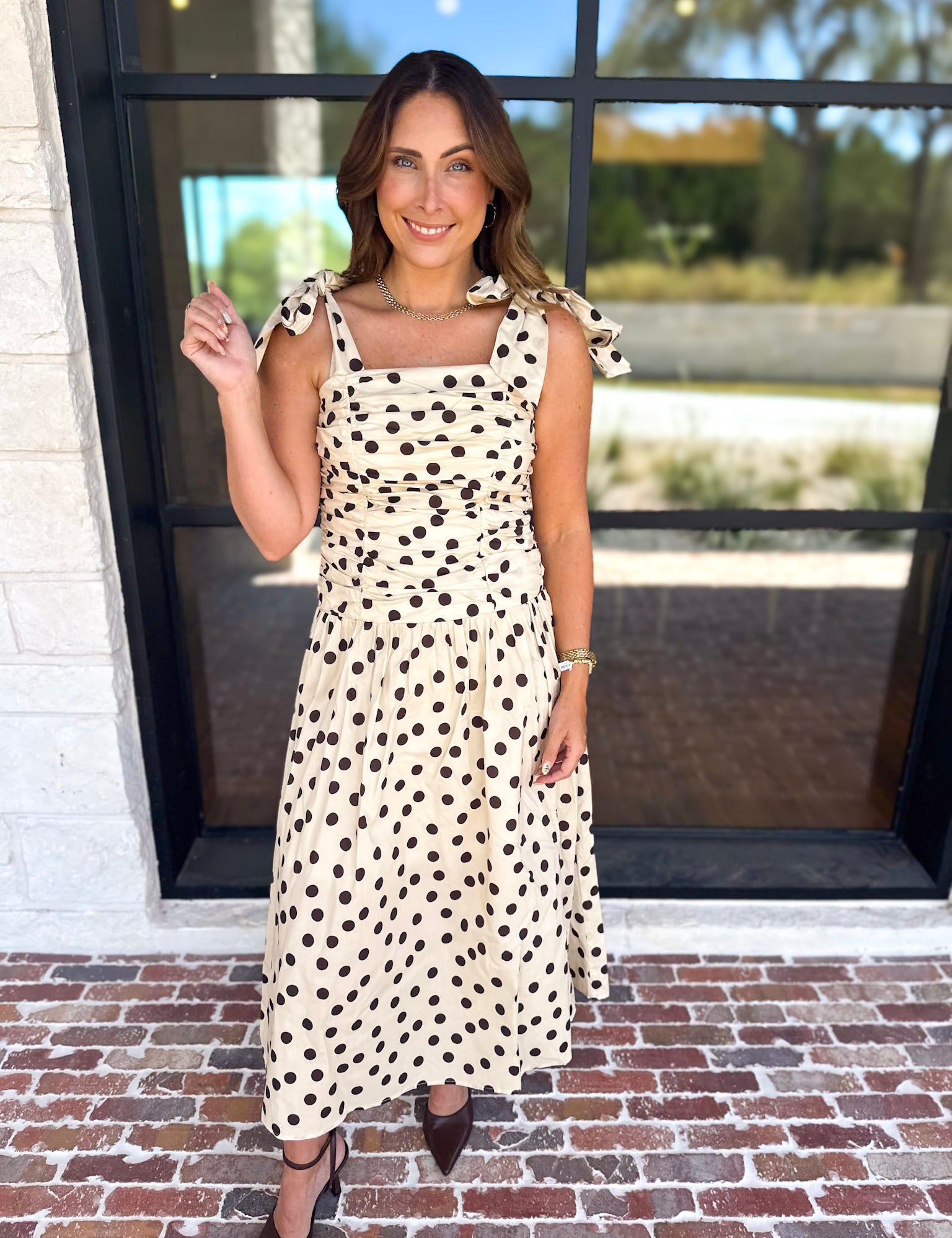 Ruched Polka Dot Midi Dress-500 Midi-ENTRO-July & June Women's Fashion Boutique Located in San Antonio, Texas
