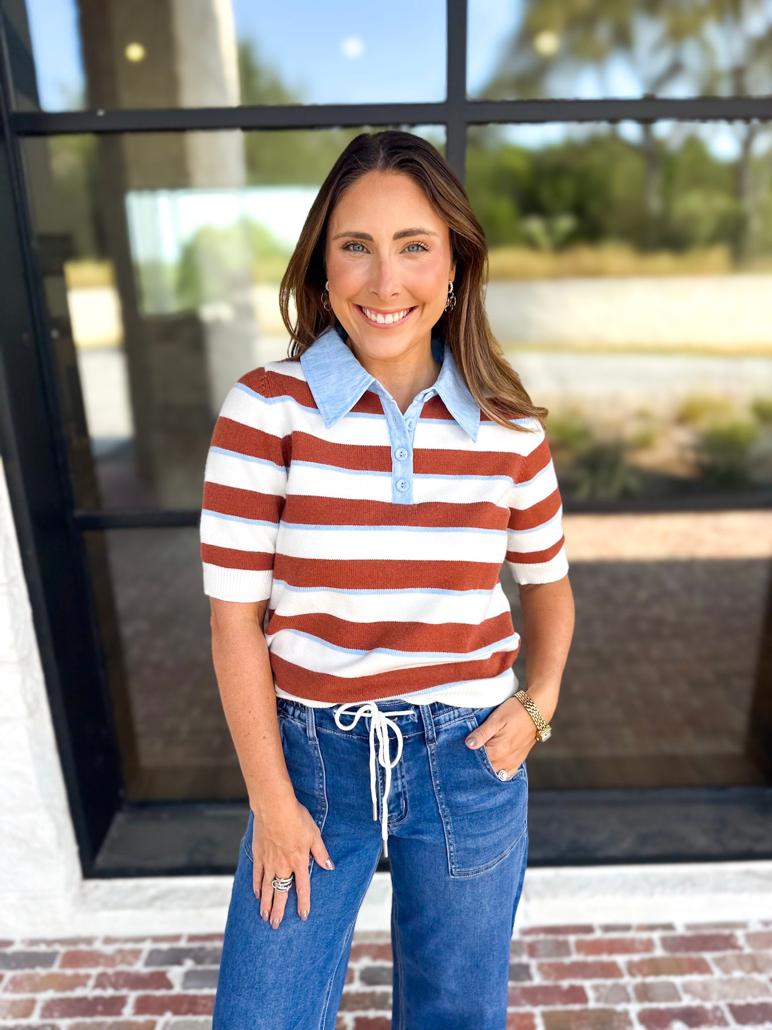 THML- Espresso & Sky Striped Knit Top-230 Sweaters/Cardis-THML-July & June Women's Fashion Boutique Located in San Antonio, Texas