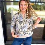 Current Air - Barley & Blue Floral Half Zip Sweater-230 Sweaters/Cardis-CURRENT AIR CLOTHING-July & June Women's Fashion Boutique Located in San Antonio, Texas