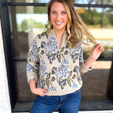 Current Air - Barley & Blue Floral Half Zip Sweater-230 Sweaters/Cardis-CURRENT AIR CLOTHING-July & June Women's Fashion Boutique Located in San Antonio, Texas