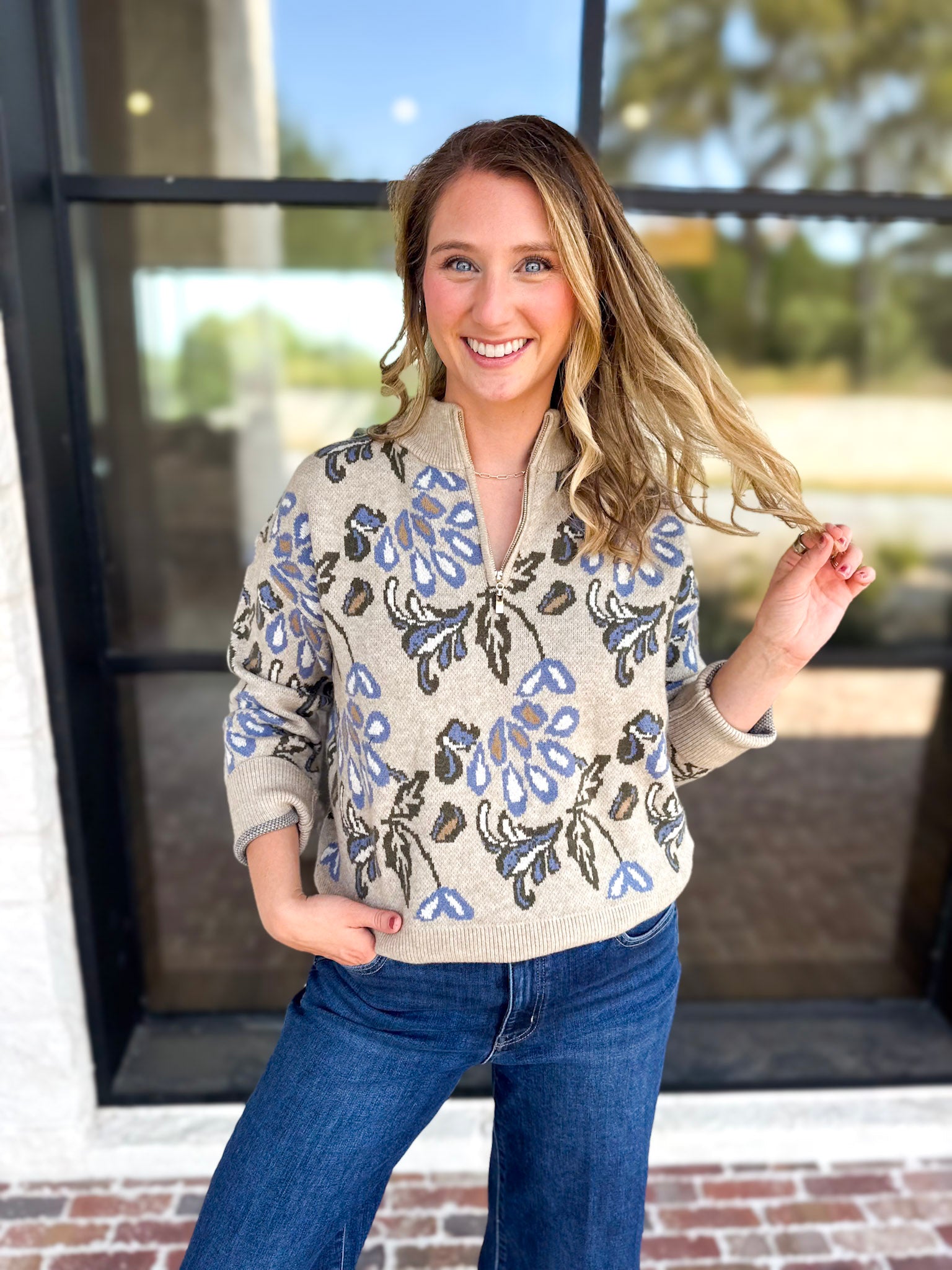 Current Air - Barley & Blue Floral Half Zip Sweater-230 Sweaters/Cardis-CURRENT AIR CLOTHING-July & June Women's Fashion Boutique Located in San Antonio, Texas