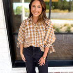 Gingham Scalloped Blouse - Camel-200 Fashion Blouses-ENTRO-July & June Women's Fashion Boutique Located in San Antonio, Texas