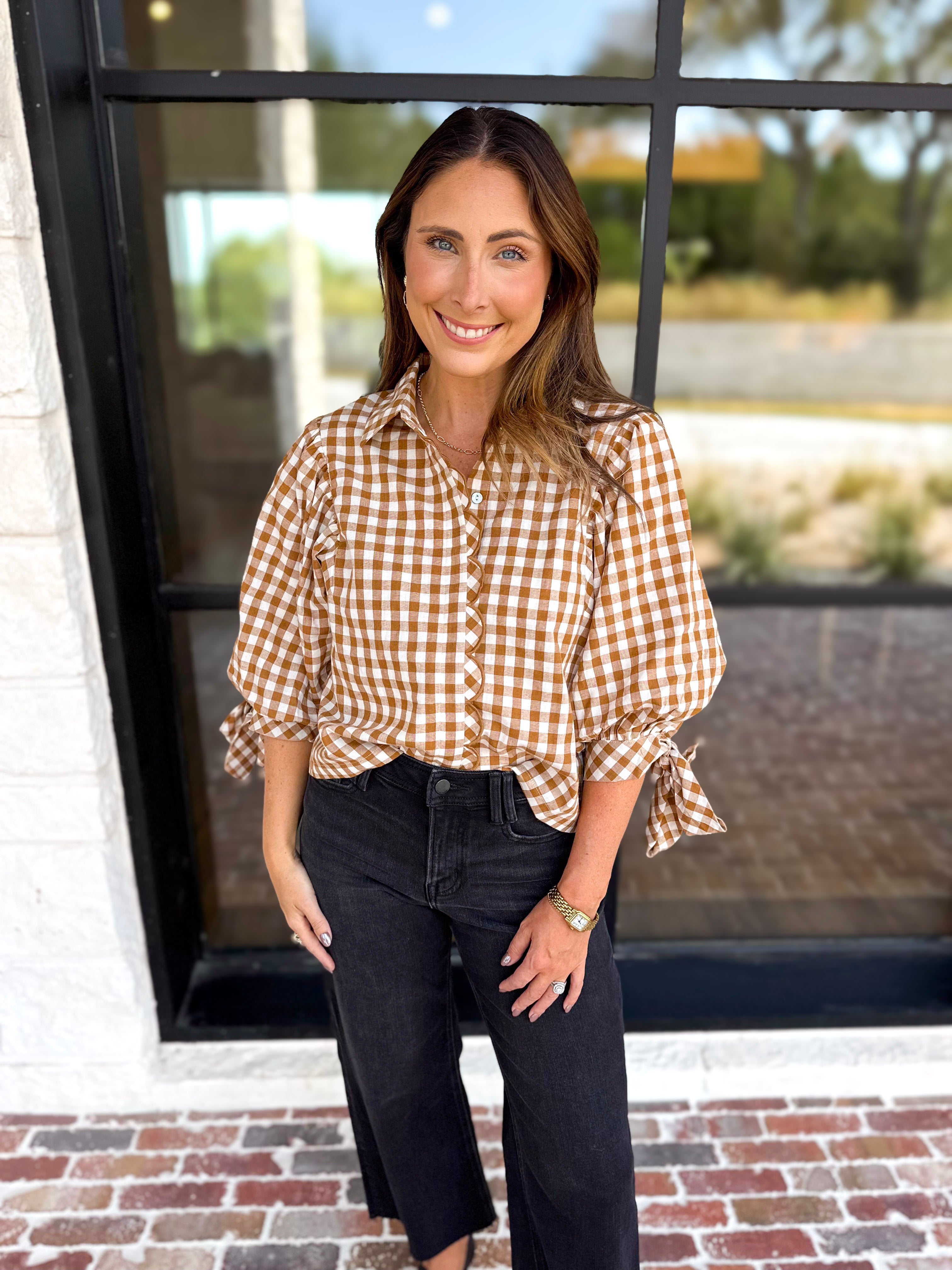 Gingham Scalloped Blouse - Camel-200 Fashion Blouses-ENTRO-July & June Women's Fashion Boutique Located in San Antonio, Texas