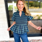 Pine Plaid Blouse-200 Fashion Blouses-ENTRO-July & June Women's Fashion Boutique Located in San Antonio, Texas