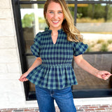 Pine Plaid Blouse-200 Fashion Blouses-ENTRO-July & June Women's Fashion Boutique Located in San Antonio, Texas