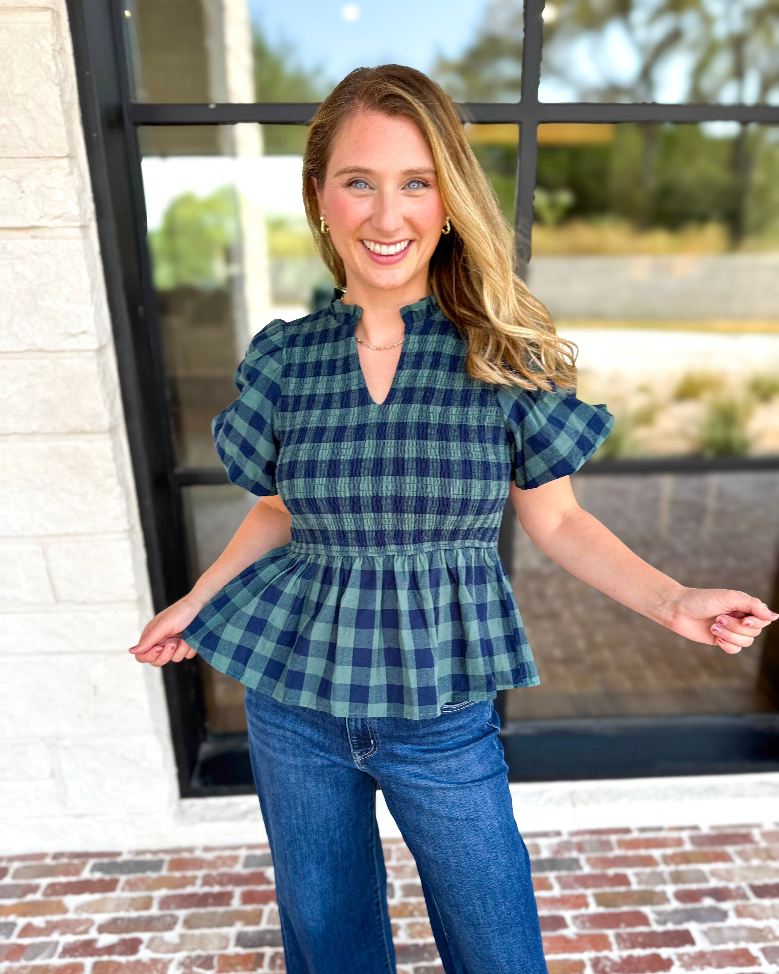 Pine Plaid Blouse-200 Fashion Blouses-ENTRO-July & June Women's Fashion Boutique Located in San Antonio, Texas