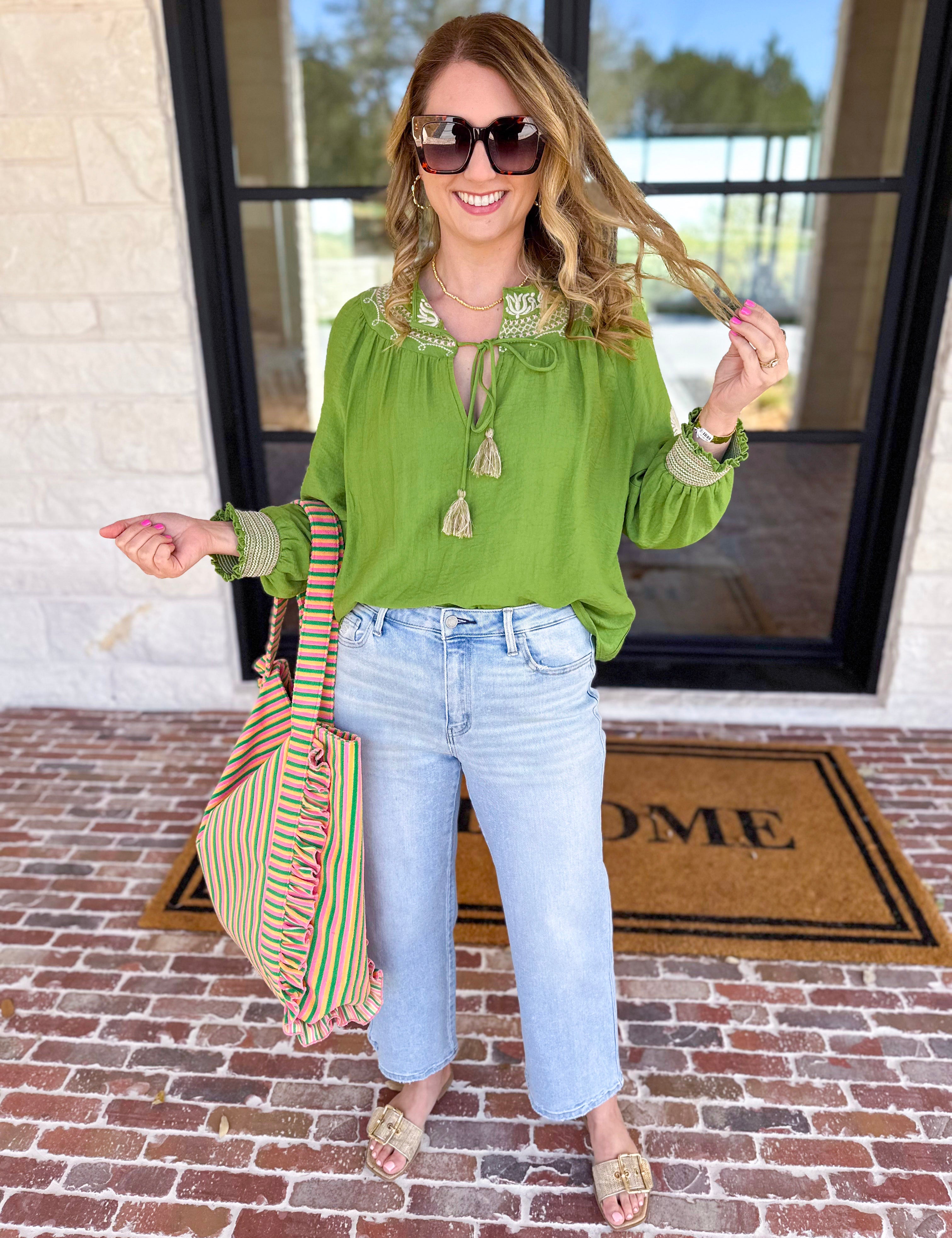 Current Air - The Santa Fe Blouse - Spring Green-200 Fashion Blouses-CURRENT AIR CLOTHING-July & June Women's Fashion Boutique Located in San Antonio, Texas