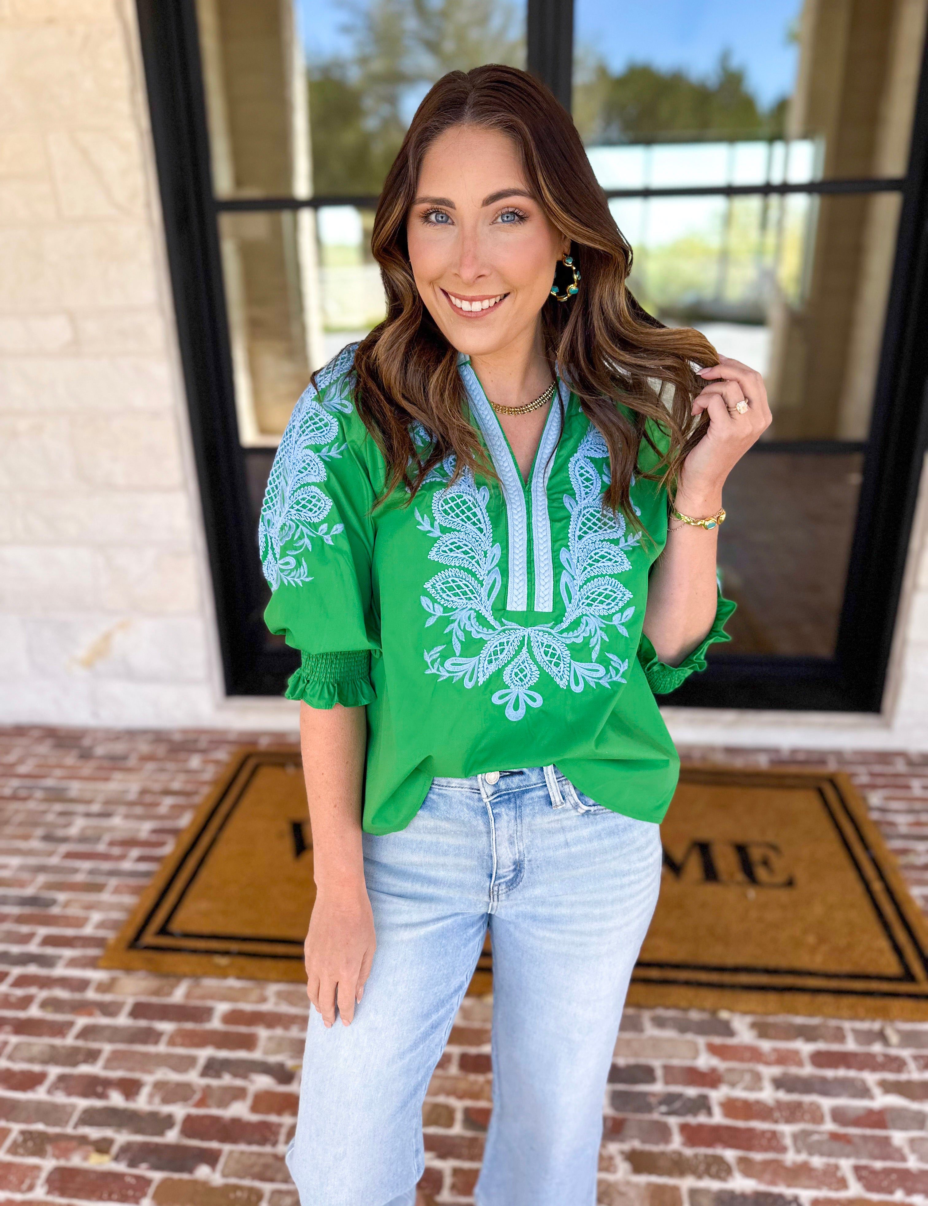 The San Antonio Embroidered Blouse - Kelly Green-200 Fashion Blouses-ENTRO-July & June Women's Fashion Boutique Located in San Antonio, Texas