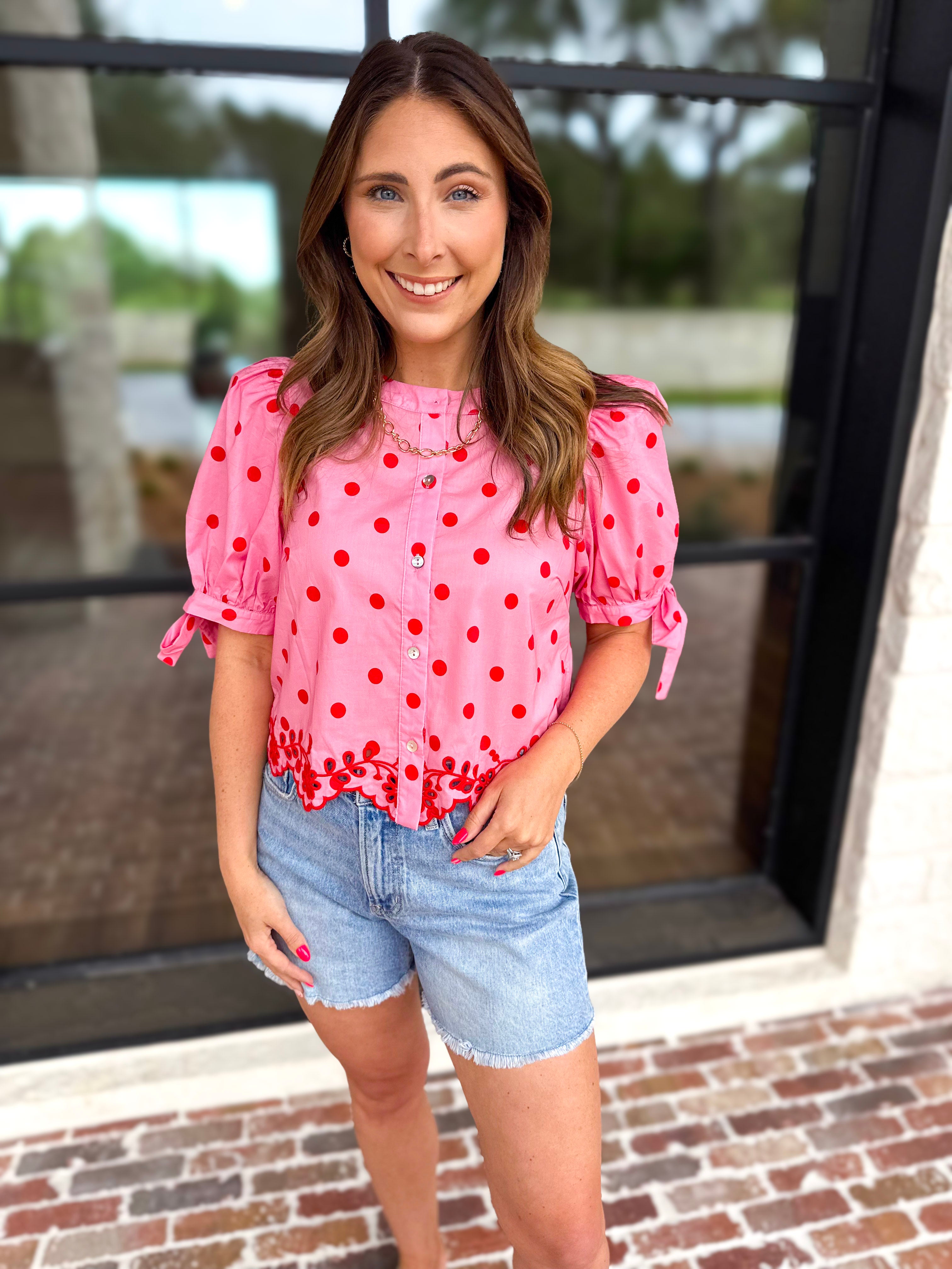 Polka Dot Chic Blouse - Red & Pink-200 Fashion Blouses-ENTRO-July & June Women's Fashion Boutique Located in San Antonio, Texas