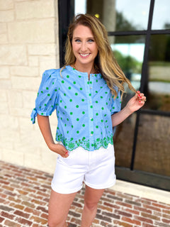 Polka Dot Chic Blouse - Green & Blue-200 Fashion Blouses-ENTRO-July & June Women's Fashion Boutique Located in San Antonio, Texas