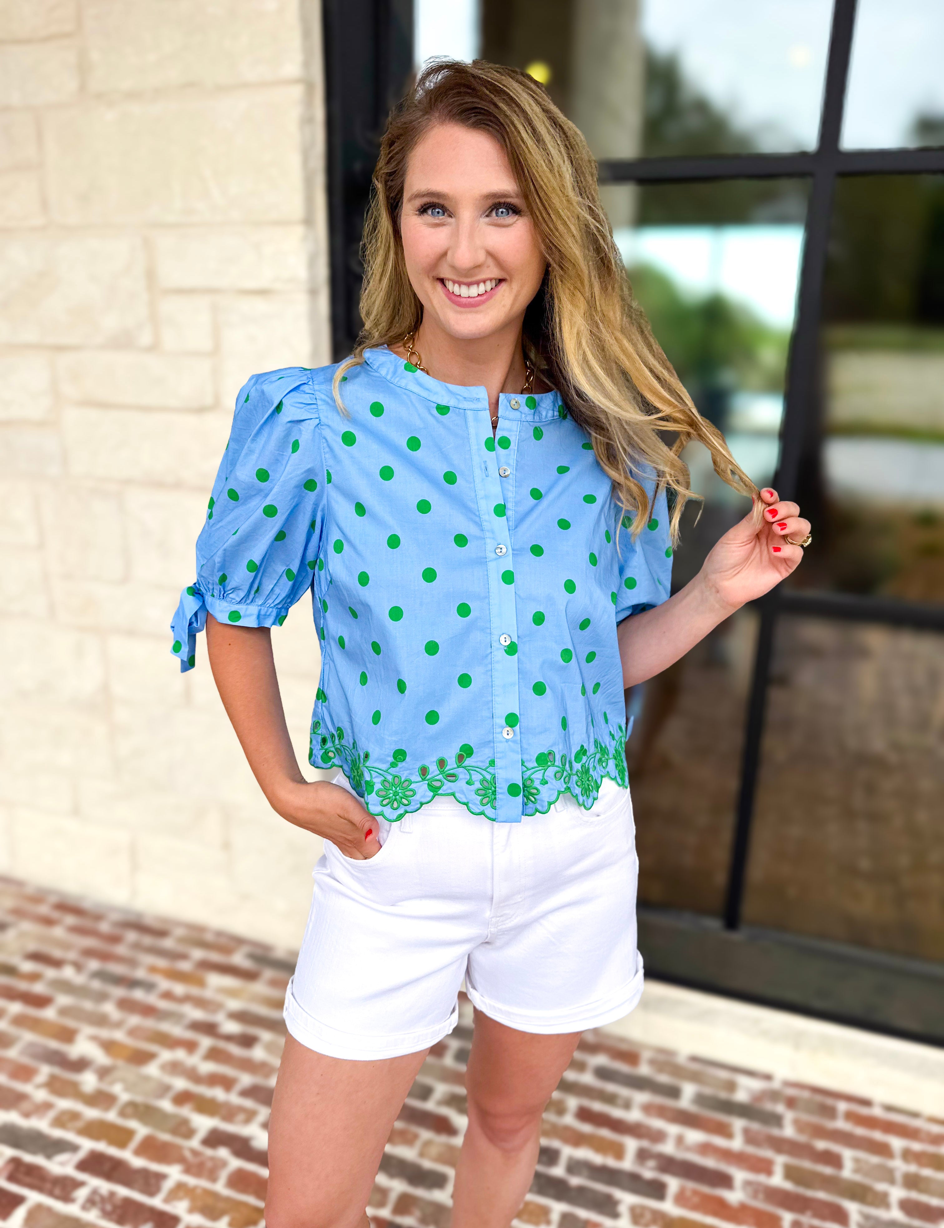 Polka Dot Chic Blouse - Green & Blue-200 Fashion Blouses-ENTRO-July & June Women's Fashion Boutique Located in San Antonio, Texas