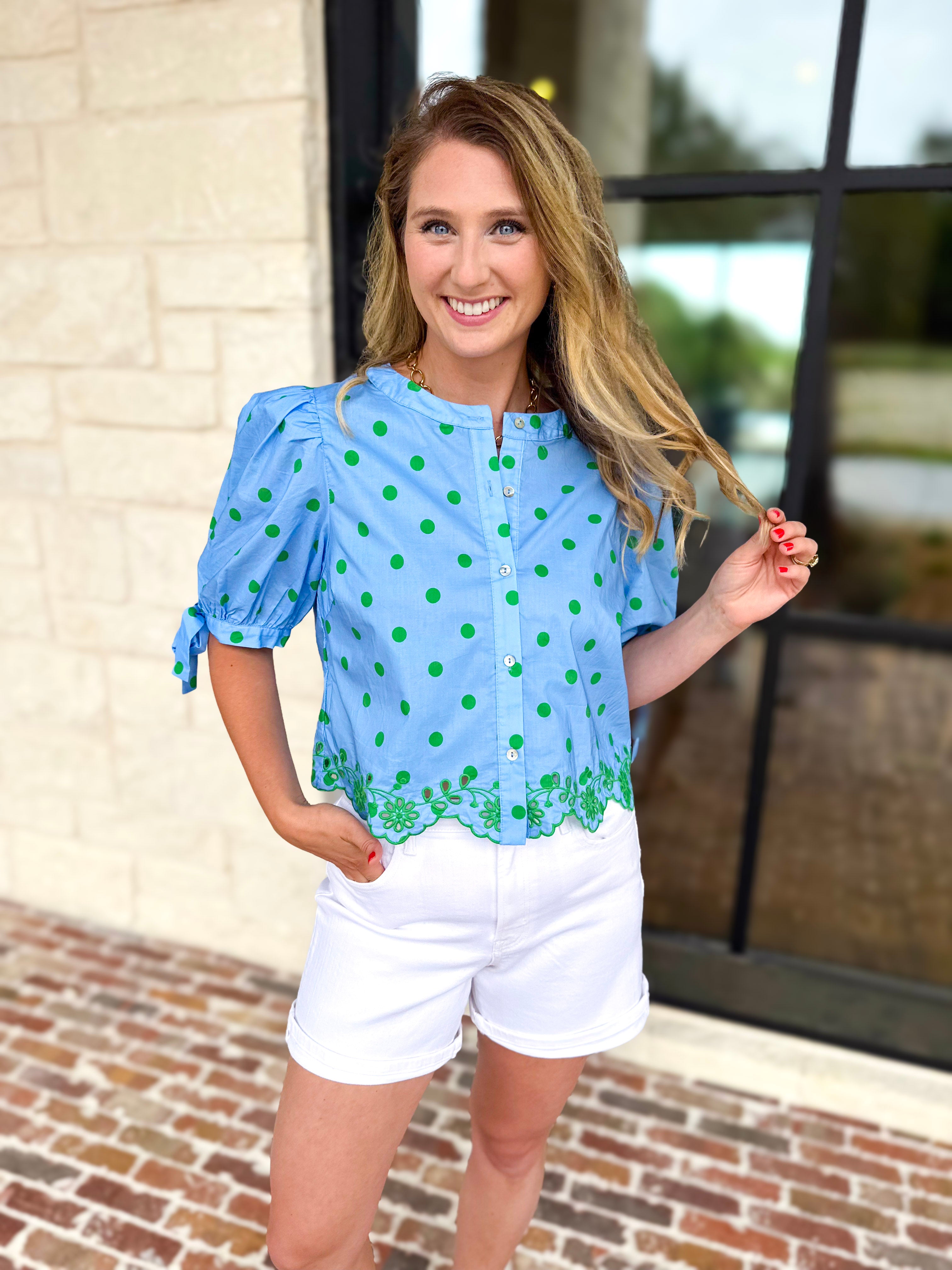 Polka Dot Chic Blouse - Green & Blue-200 Fashion Blouses-ENTRO-July & June Women's Fashion Boutique Located in San Antonio, Texas