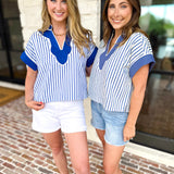 Bayside Striped Blouse - Pale Yellow & Blue-200 Fashion Blouses-ENTRO-July & June Women's Fashion Boutique Located in San Antonio, Texas