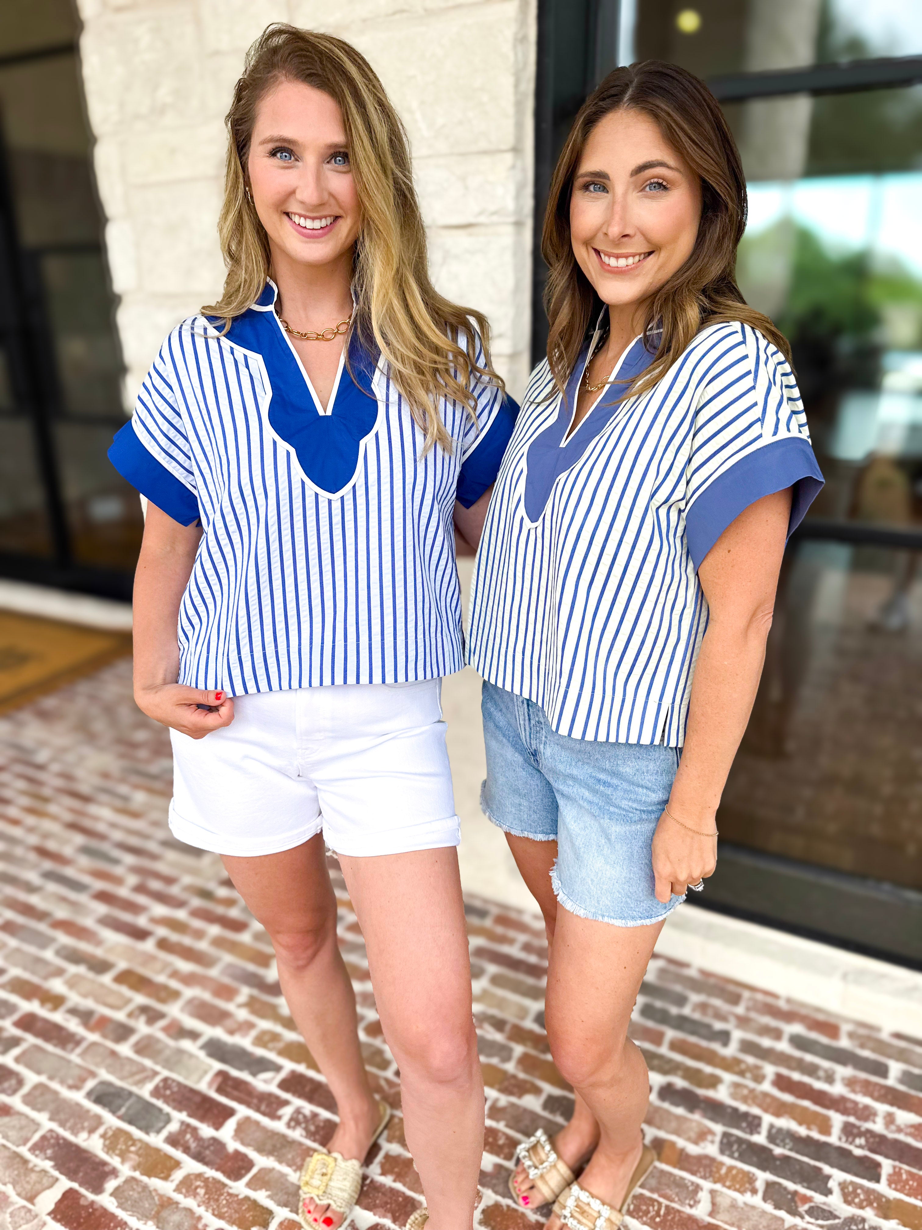 Bayside Striped Blouse - Pale Yellow & Blue-200 Fashion Blouses-ENTRO-July & June Women's Fashion Boutique Located in San Antonio, Texas