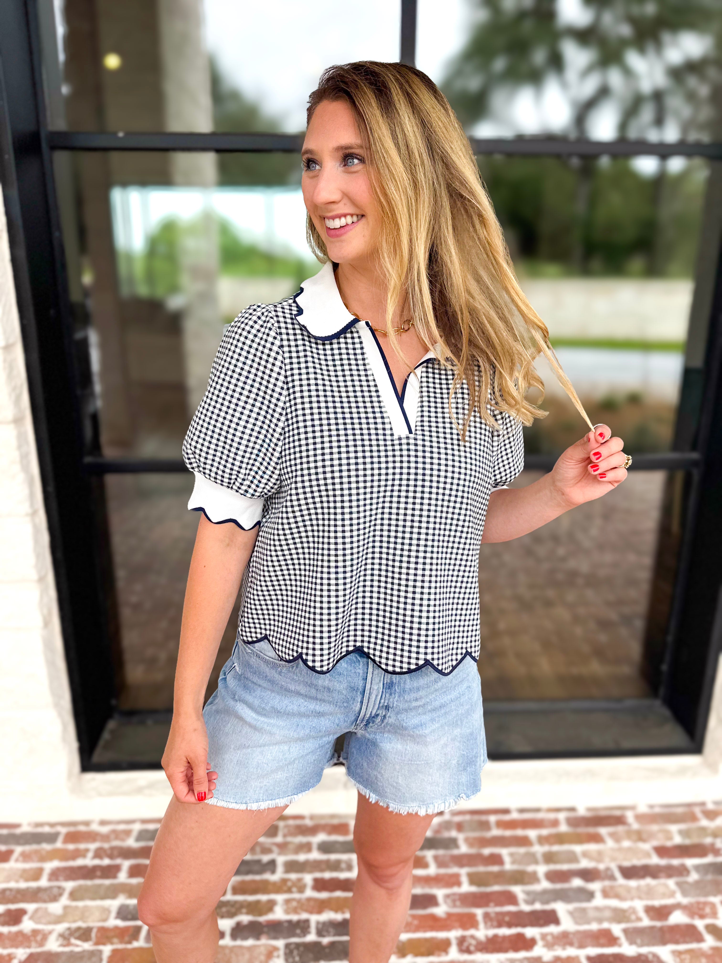 Summer Escape Gingham Blouse - Navy Blue-200 Fashion Blouses-ENTRO-July & June Women's Fashion Boutique Located in San Antonio, Texas