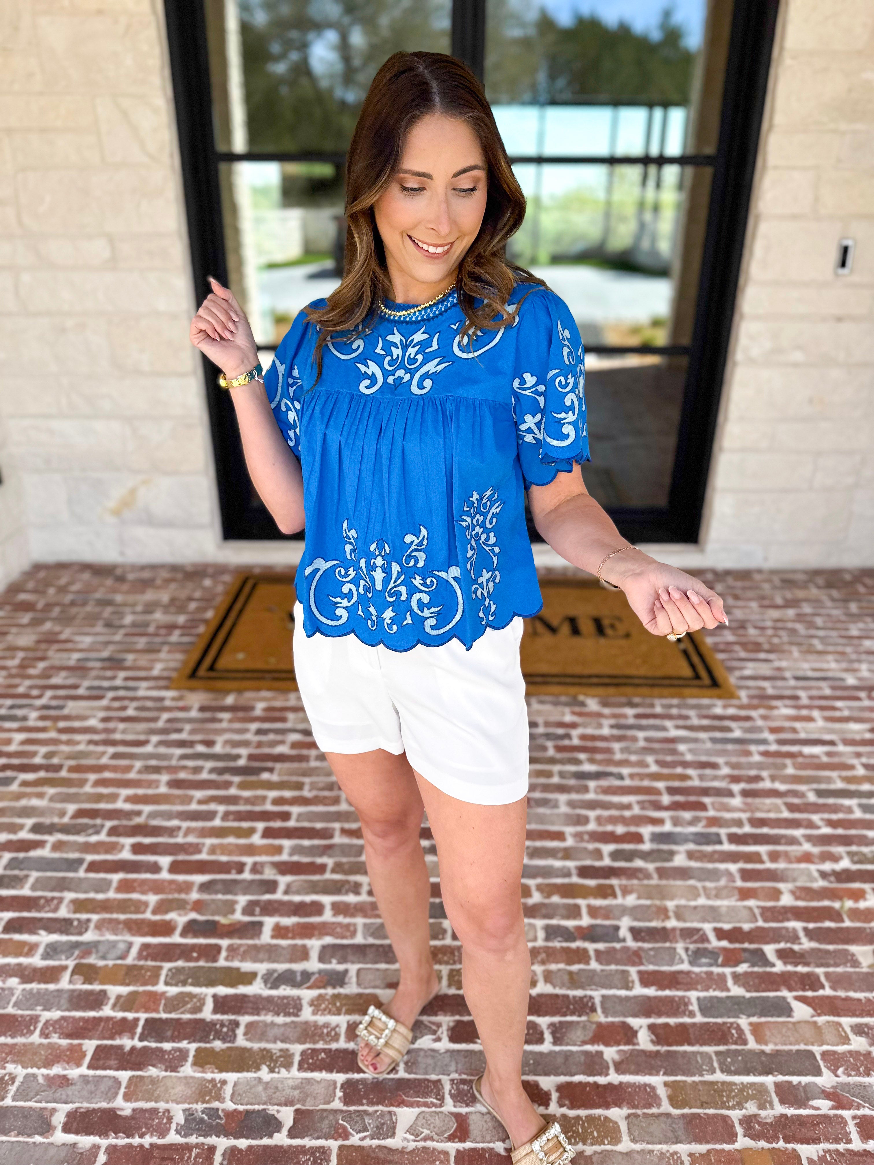 THML - The Riverwalk Embroidered Blouse - Blue-200 Fashion Blouses-THML-July & June Women's Fashion Boutique Located in San Antonio, Texas