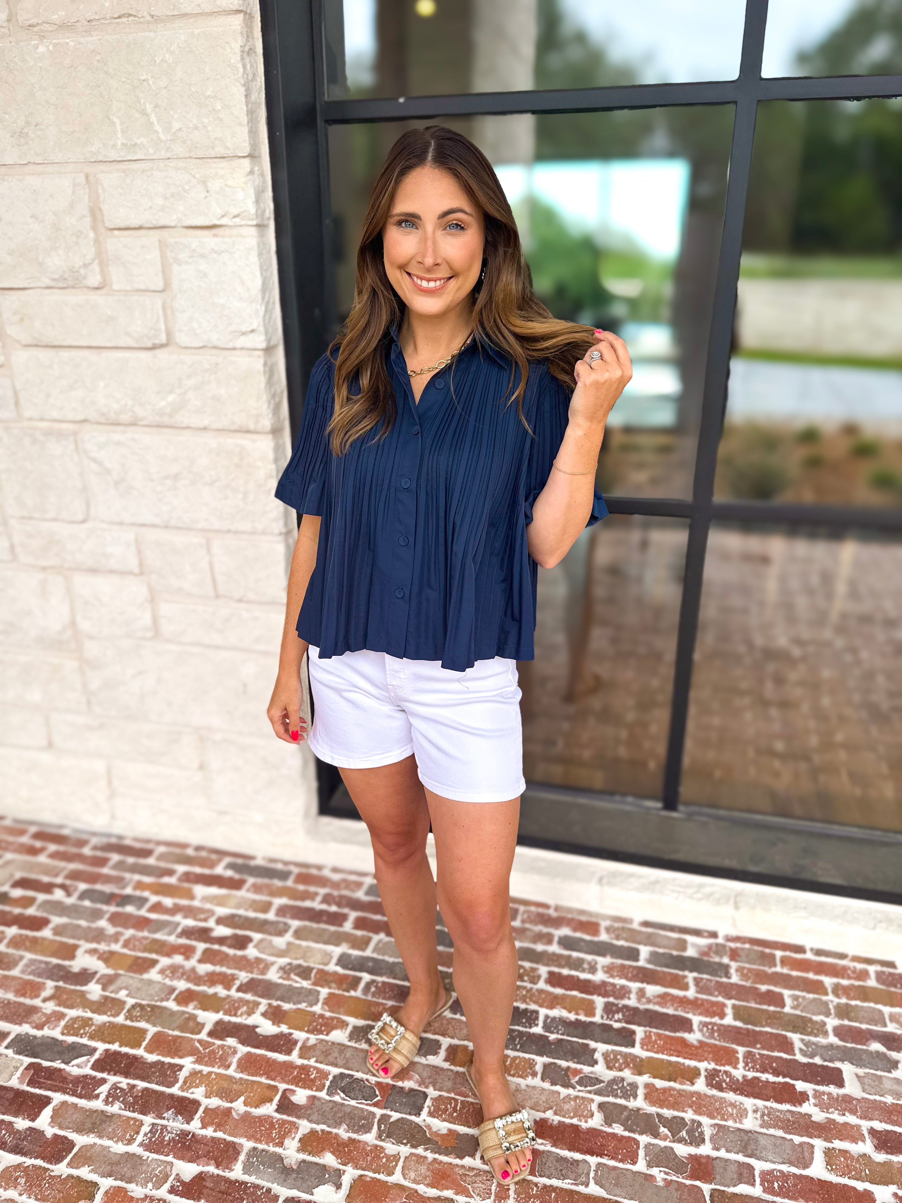 Current Air - Pleated Button Down Blouse - Navy-200 Fashion Blouses-CURRENT AIR CLOTHING-July & June Women's Fashion Boutique Located in San Antonio, Texas