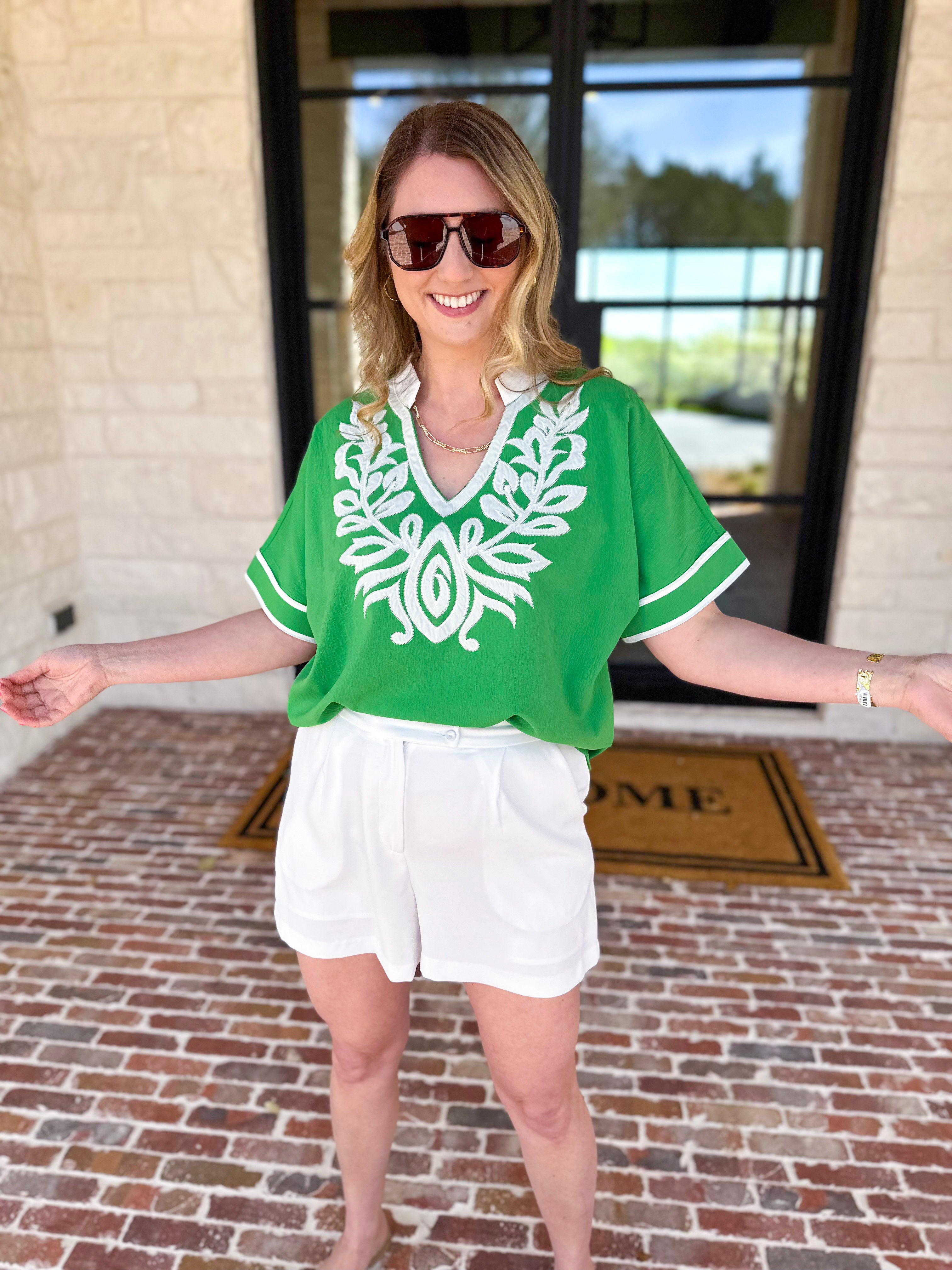 City Strolls Embroidered Blouse - Kelly Green-200 Fashion Blouses-JODIFL-July & June Women's Fashion Boutique Located in San Antonio, Texas
