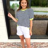 Navy & Lime Stripe Tee-210 Casual Blouses-JODIFL-July & June Women's Fashion Boutique Located in San Antonio, Texas