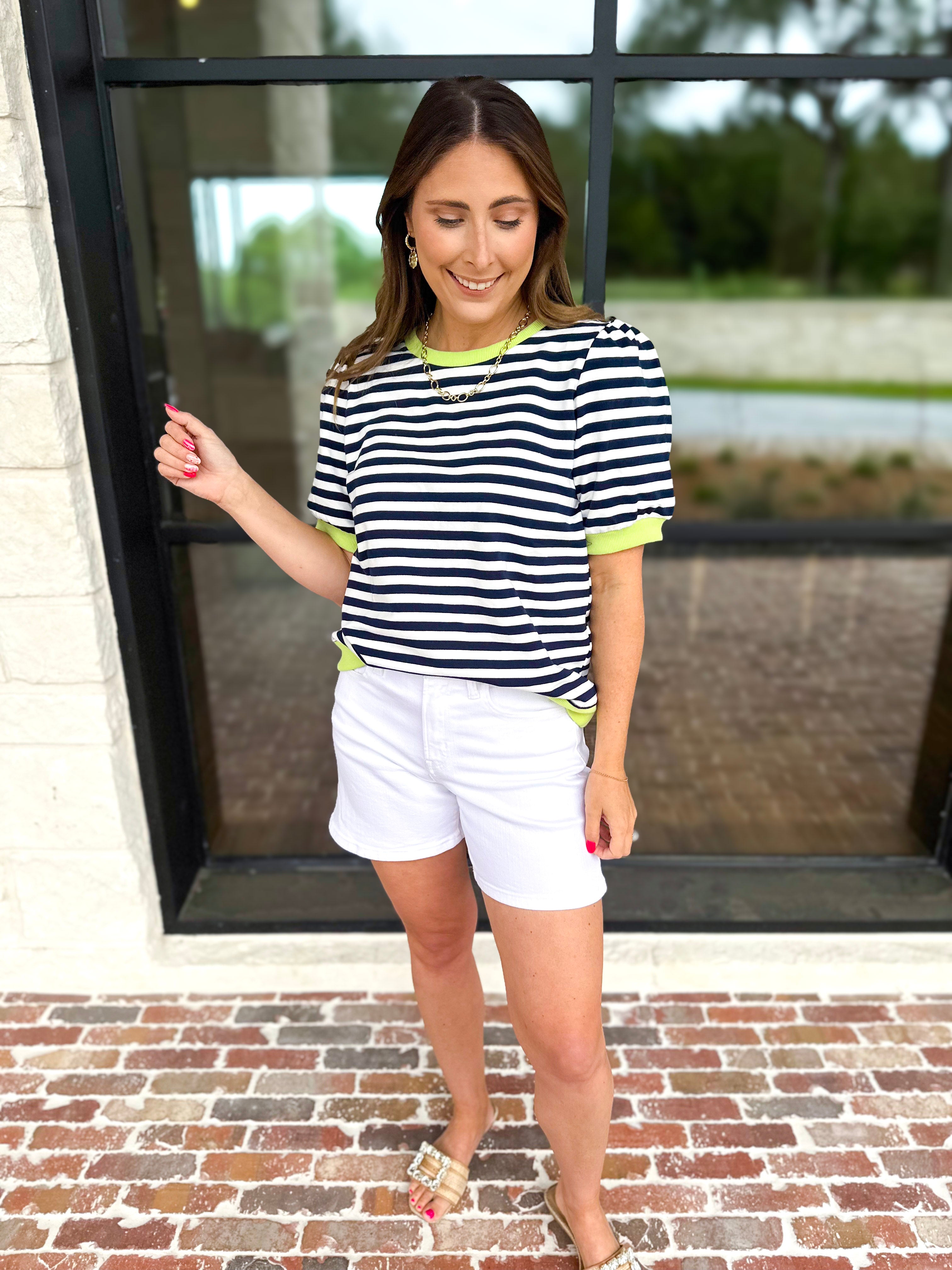 Navy & Lime Stripe Tee-210 Casual Blouses-JODIFL-July & June Women's Fashion Boutique Located in San Antonio, Texas