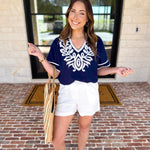 City Strolls Embroidered Blouse - Navy-200 Fashion Blouses-JODIFL-July & June Women's Fashion Boutique Located in San Antonio, Texas