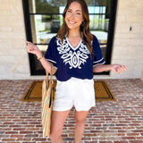 City Strolls Embroidered Blouse - Navy-200 Fashion Blouses-JODIFL-July & June Women's Fashion Boutique Located in San Antonio, Texas
