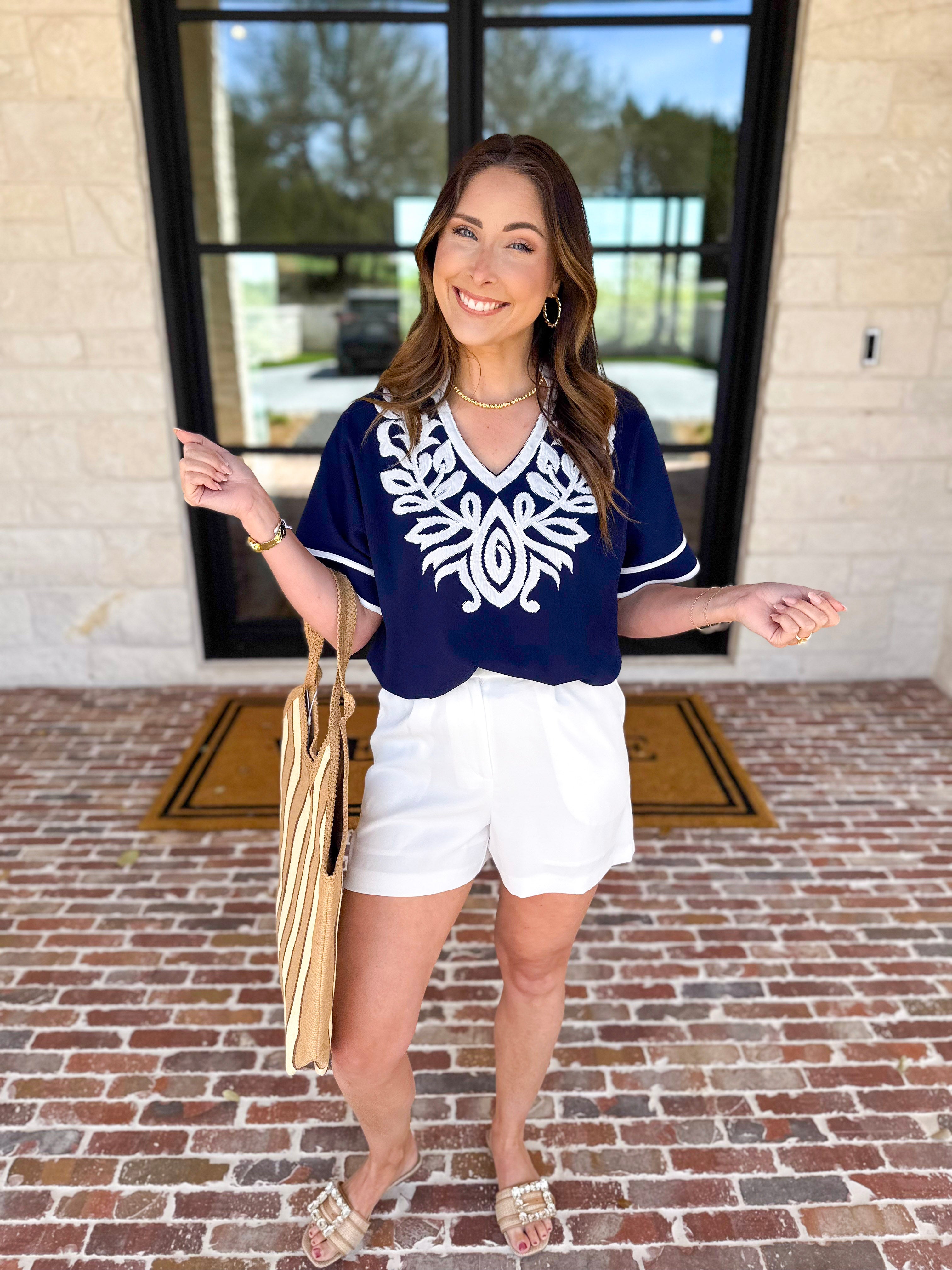 City Strolls Embroidered Blouse - Navy-200 Fashion Blouses-JODIFL-July & June Women's Fashion Boutique Located in San Antonio, Texas