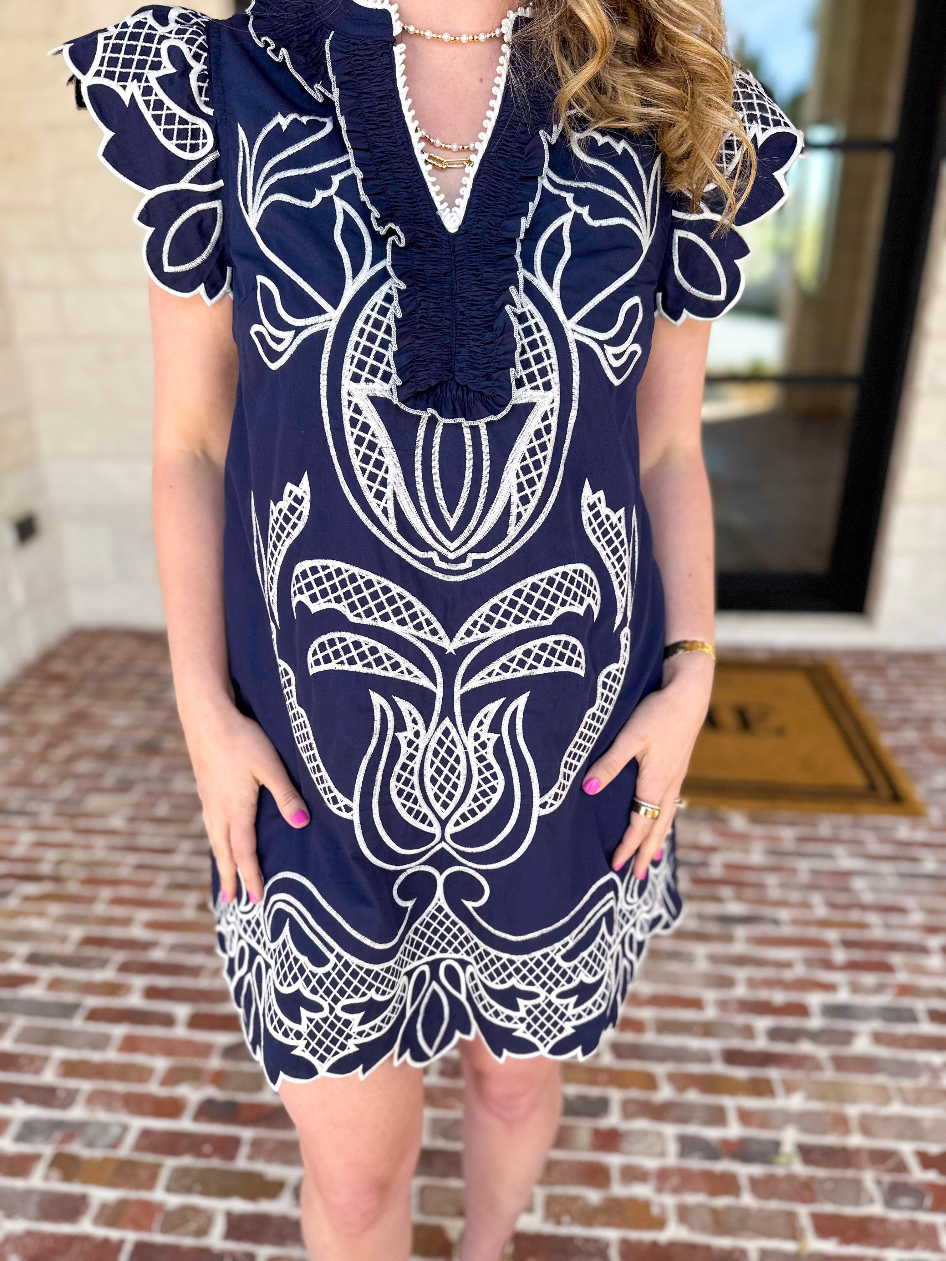 Bloom Embroidered Mini Dress - Navy-510 Mini-ENTRO-July & June Women's Fashion Boutique Located in San Antonio, Texas