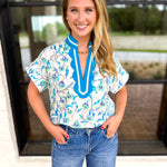 The Maisie Floral Scalloped Blouse - Blue & Ivory-200 Fashion Blouses-ENTRO-July & June Women's Fashion Boutique Located in San Antonio, Texas