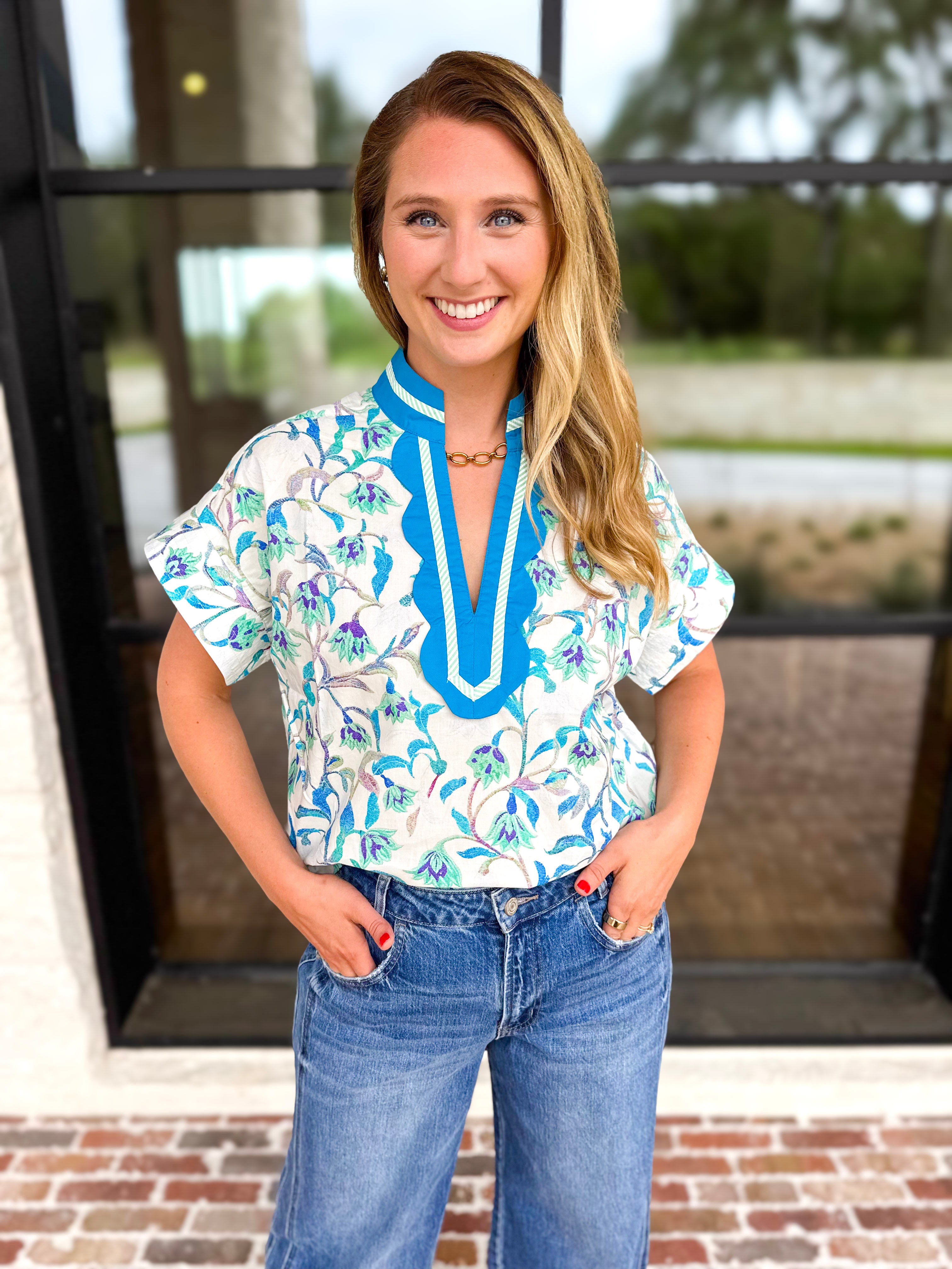 The Maisie Floral Scalloped Blouse - Blue & Ivory-200 Fashion Blouses-ENTRO-July & June Women's Fashion Boutique Located in San Antonio, Texas