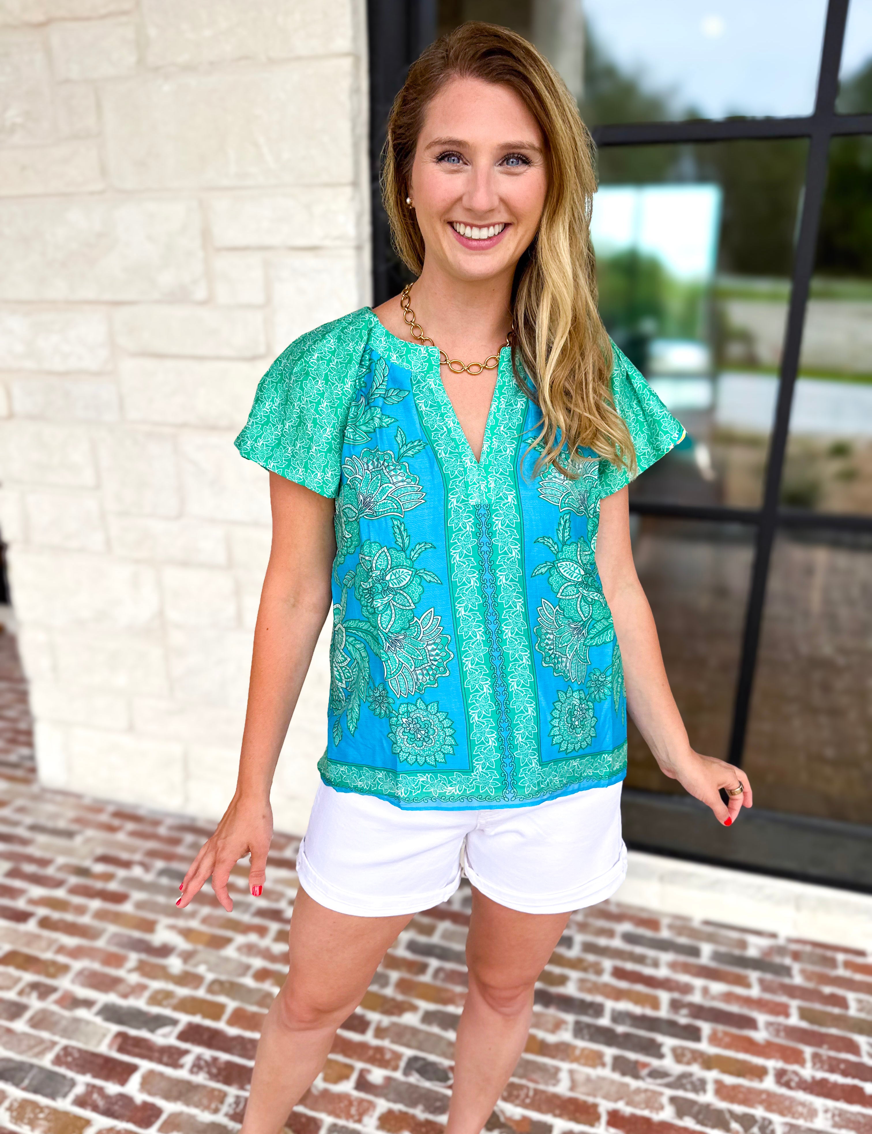 Current Air - Blue Tide Floral Blouse-200 Fashion Blouses-CURRENT AIR CLOTHING-July & June Women's Fashion Boutique Located in San Antonio, Texas