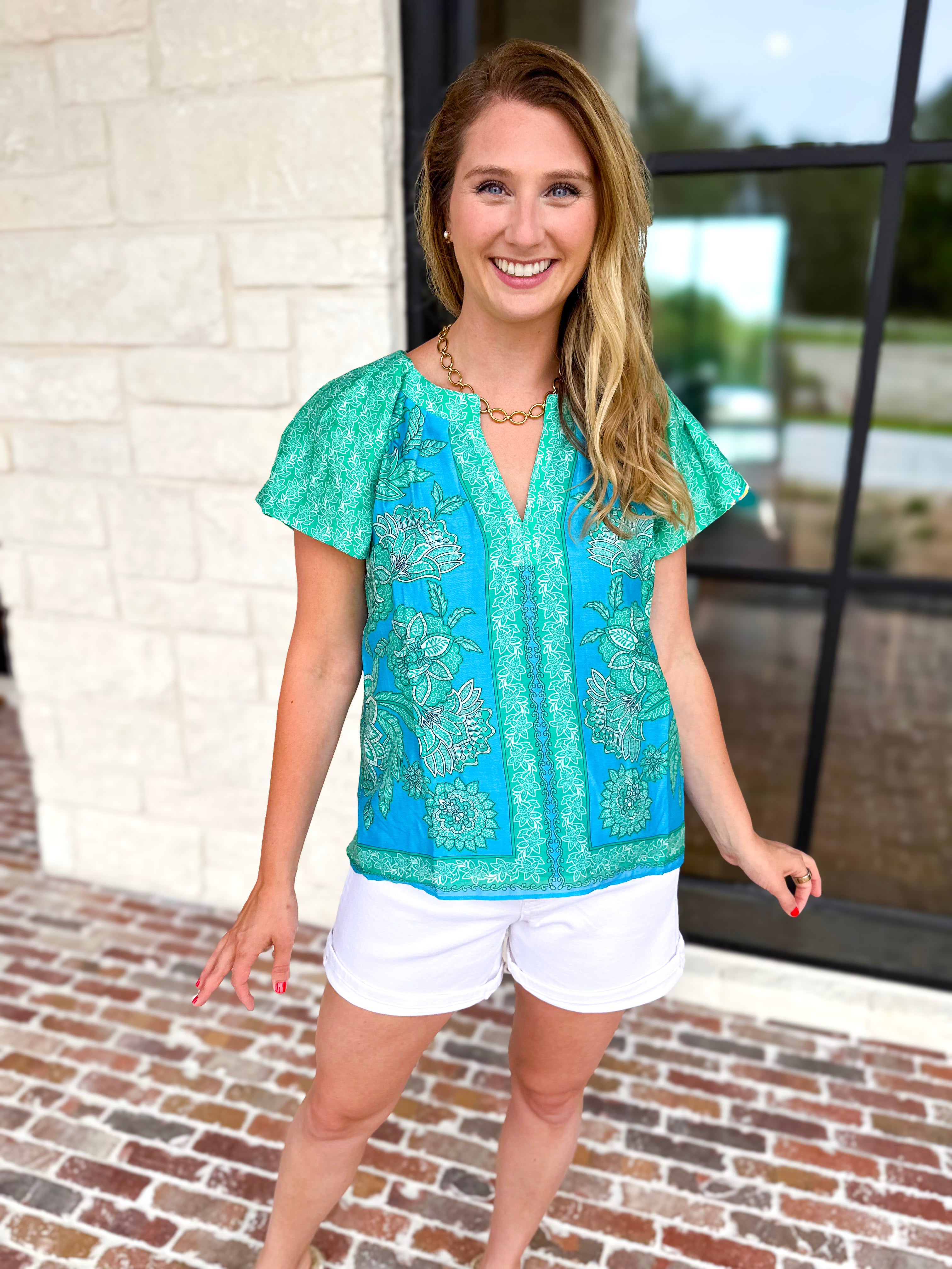 Current Air - Blue Tide Floral Blouse-200 Fashion Blouses-CURRENT AIR CLOTHING-July & June Women's Fashion Boutique Located in San Antonio, Texas